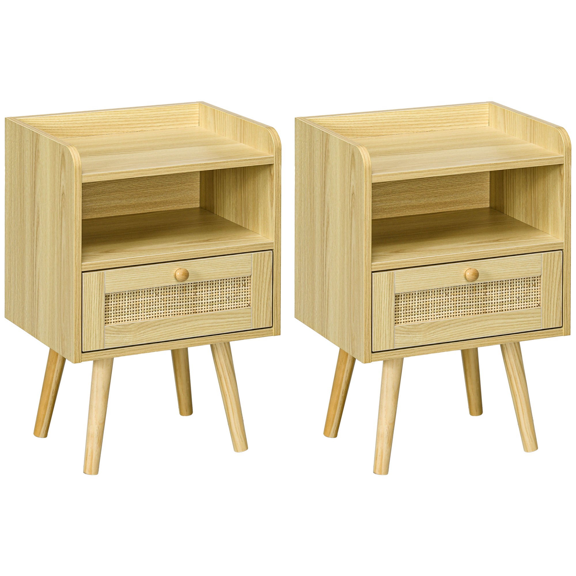 Lot de 2 tables de chevet table de nuit avec tiroir effet rotin et compartiment ouvert, chevet de lit pour chambre à coucher, salon, 40 x 30 x 60 cm, effet bois naturel
