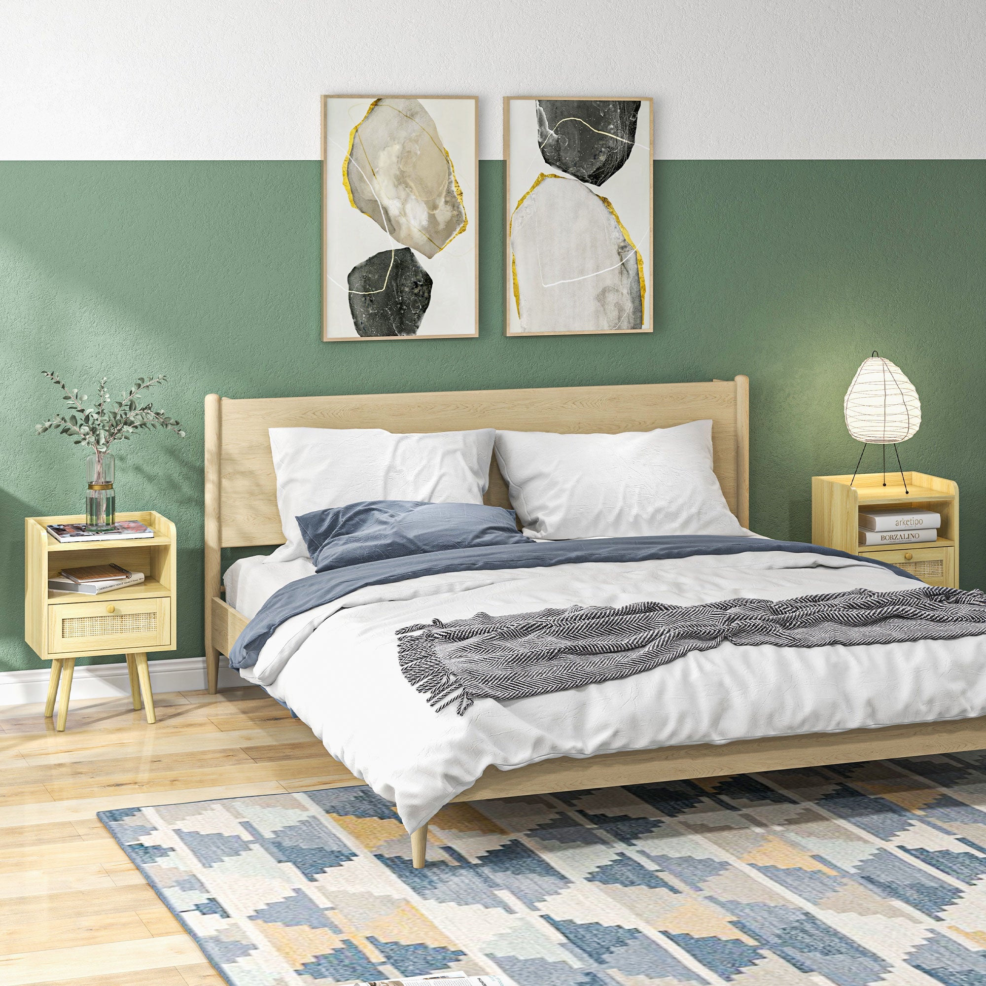 Lot de 2 tables de chevet table de nuit avec tiroir effet rotin et compartiment ouvert, chevet de lit pour chambre à coucher, salon, 40 x 30 x 60 cm, effet bois naturel