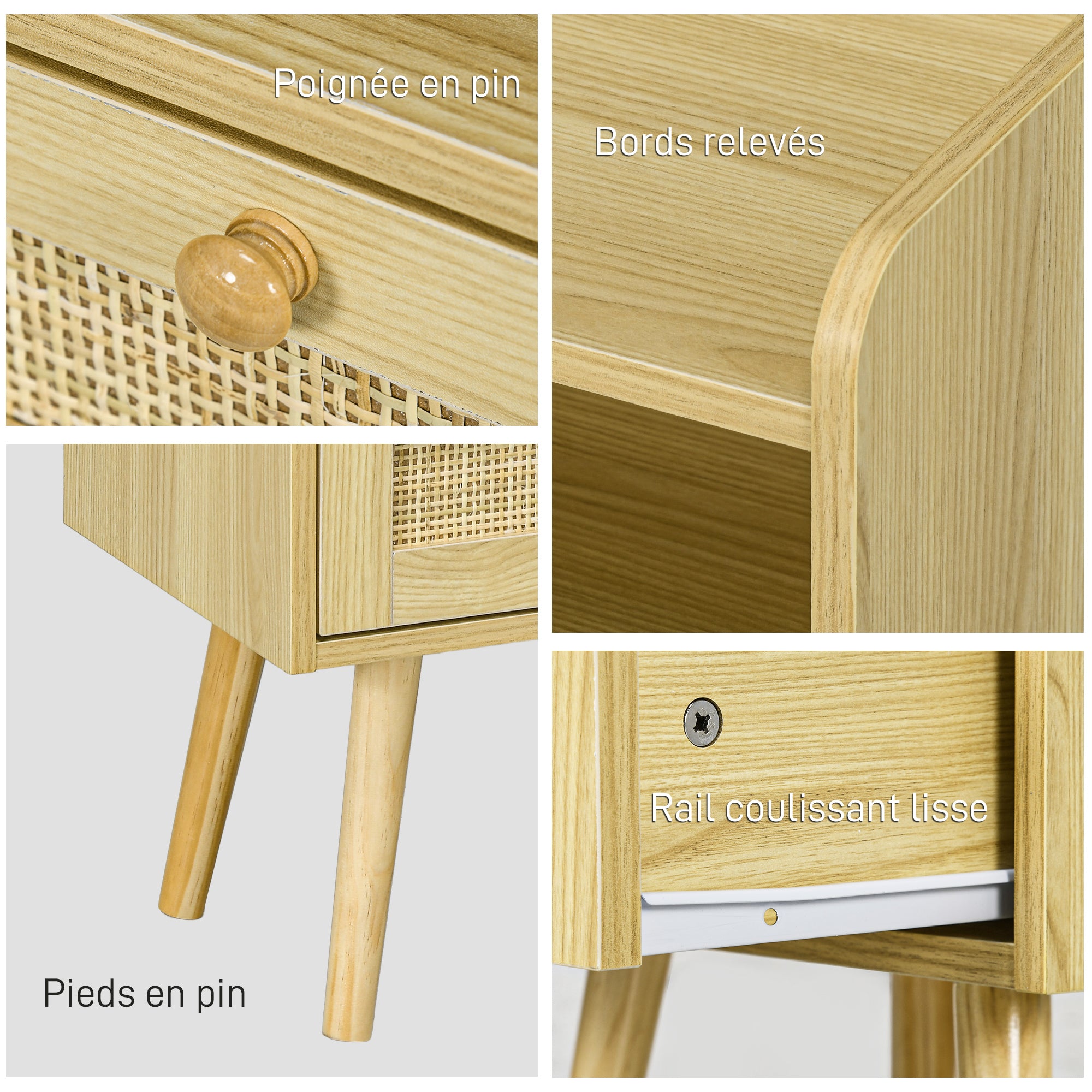 Lot de 2 tables de chevet table de nuit avec tiroir effet rotin et compartiment ouvert, chevet de lit pour chambre à coucher, salon, 40 x 30 x 60 cm, effet bois naturel