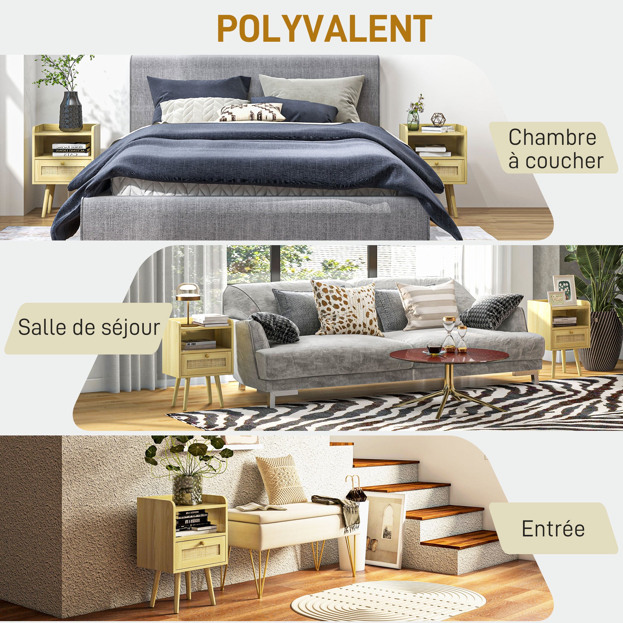 Lot de 2 tables de chevet table de nuit avec tiroir effet rotin et compartiment ouvert, chevet de lit pour chambre à coucher, salon, 40 x 30 x 60 cm, effet bois naturel