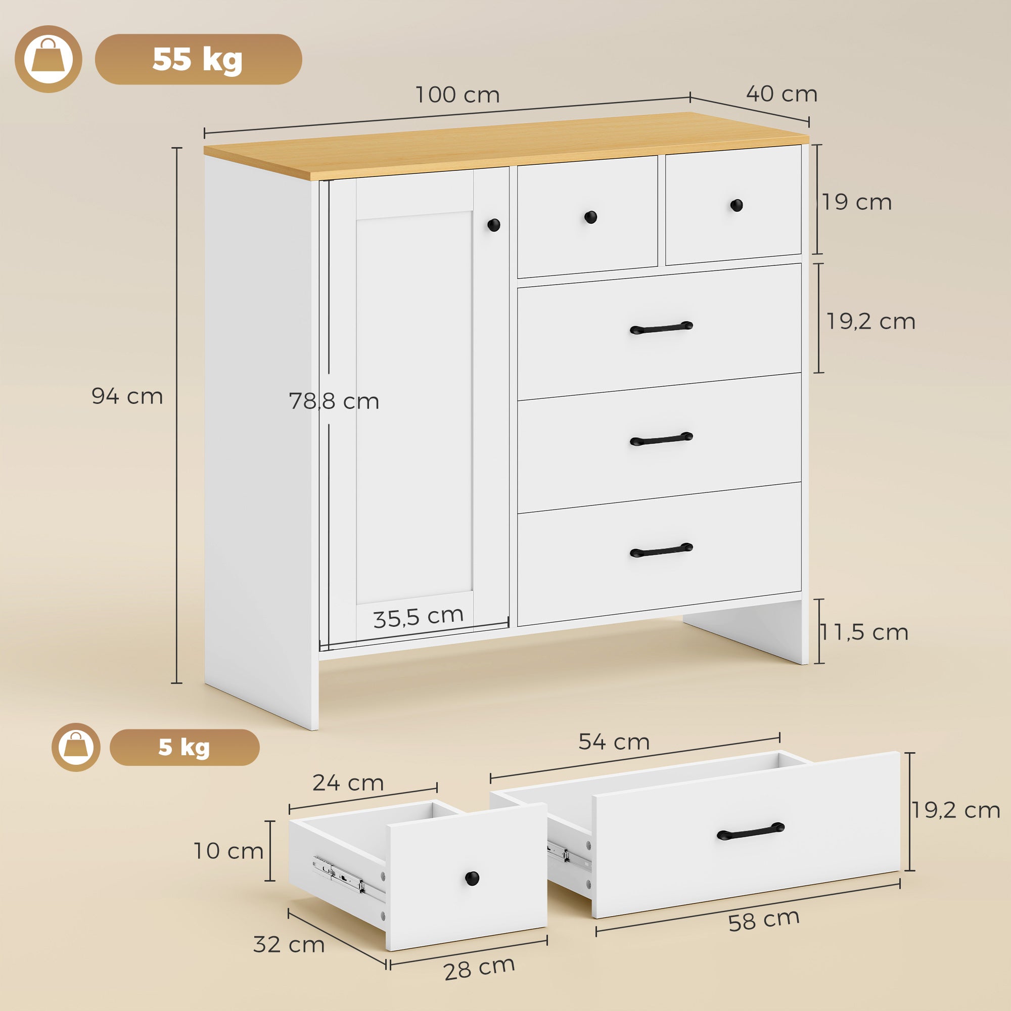 Buffet Cuisine, Meuble de Rangement avec 5 Tiroirs et Porte, Style Rustique, Meuble TV, Buffet Salle à Manger, Salon et Chambre, 100 x 40 x 94 cm, Blanc
