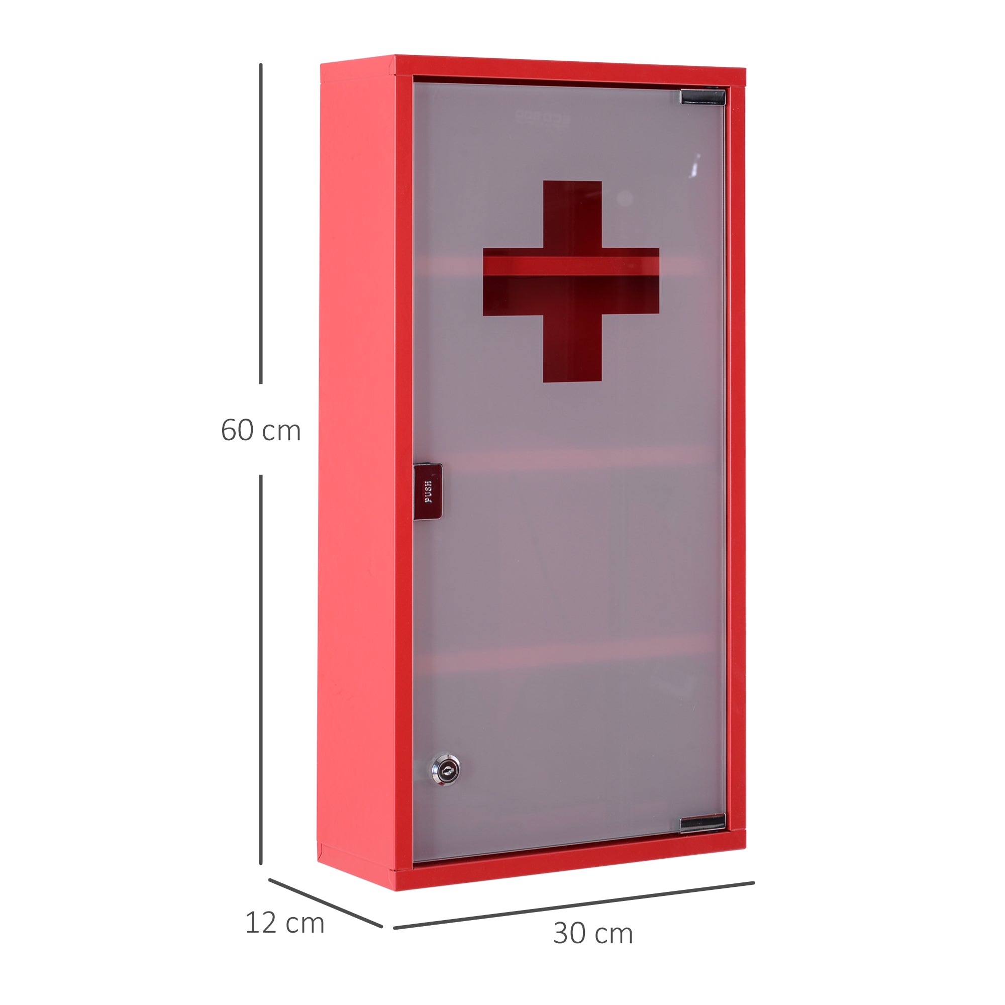 Armoire à Pharmacie 3 étagères 4 Niveaux verrouillable Porte Verre trempé dépoli Logo Croix 30L x 12l x 60H cm Acier Rouge