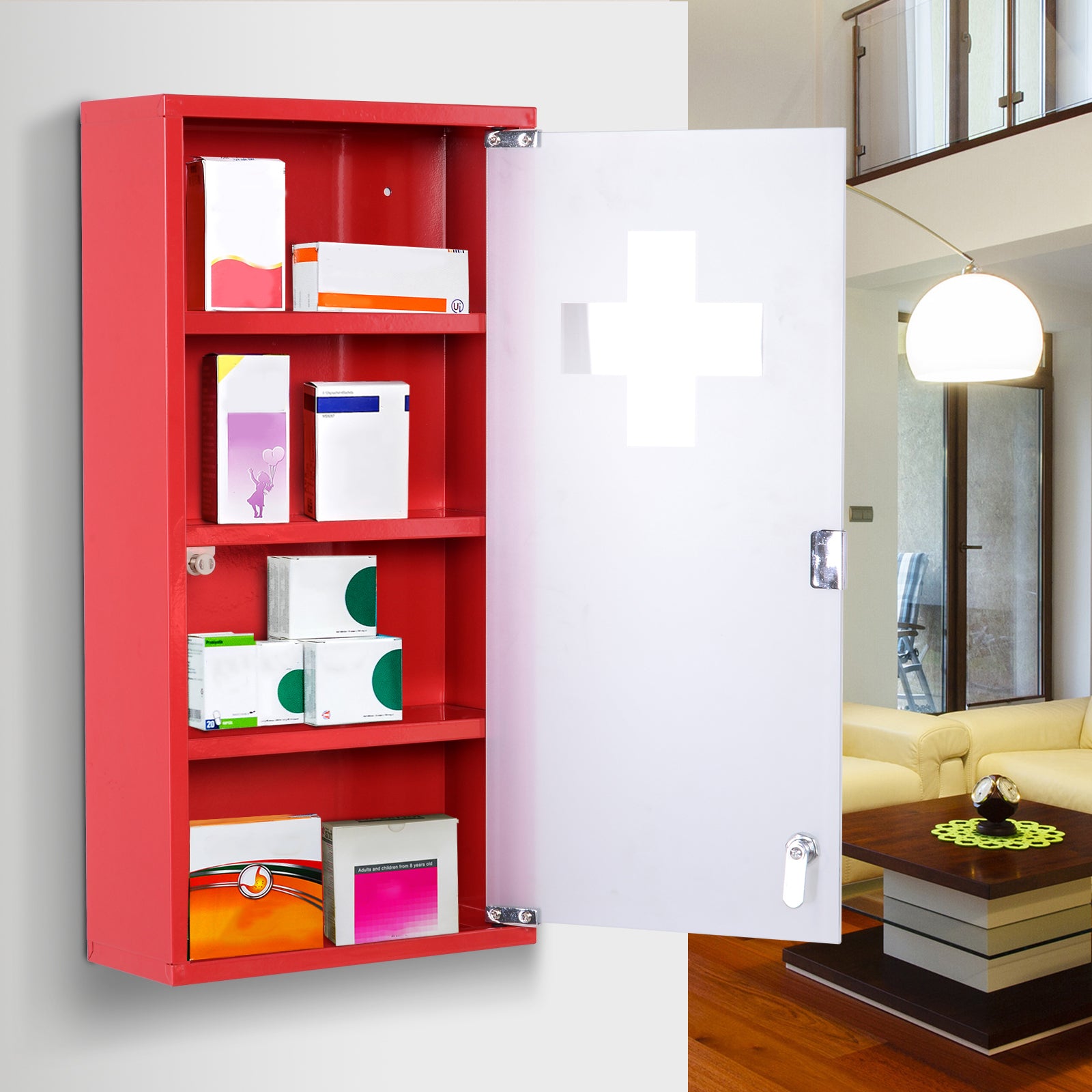 Armoire à Pharmacie 3 étagères 4 Niveaux verrouillable Porte Verre trempé dépoli Logo Croix 30L x 12l x 60H cm Acier Rouge