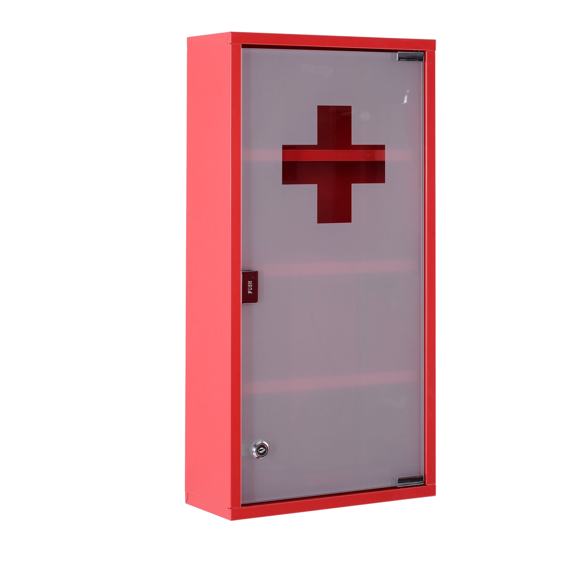 Armoire à Pharmacie 3 étagères 4 Niveaux verrouillable Porte Verre trempé dépoli Logo Croix 30L x 12l x 60H cm Acier Rouge