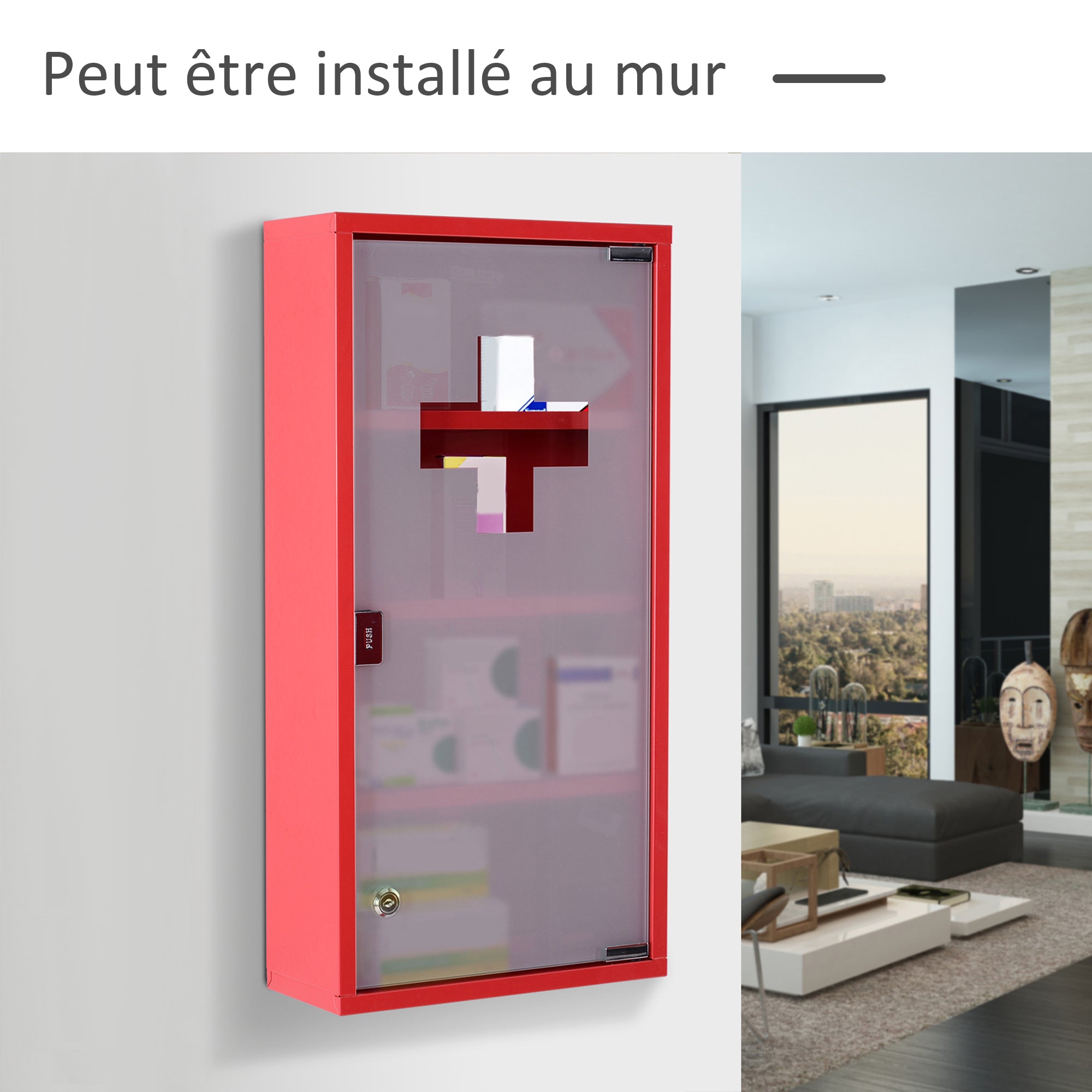 Armoire à Pharmacie 3 étagères 4 Niveaux verrouillable Porte Verre trempé dépoli Logo Croix 30L x 12l x 60H cm Acier Rouge