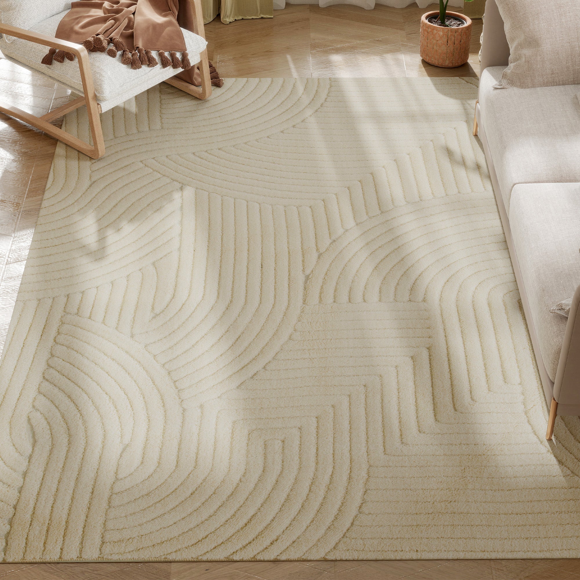 Tapis salon 230 x 160 cm, tapis à poils épais géométrique, moelleux et antidérapant, style moderne, pour salon, chambre à coucher, bureau, crème