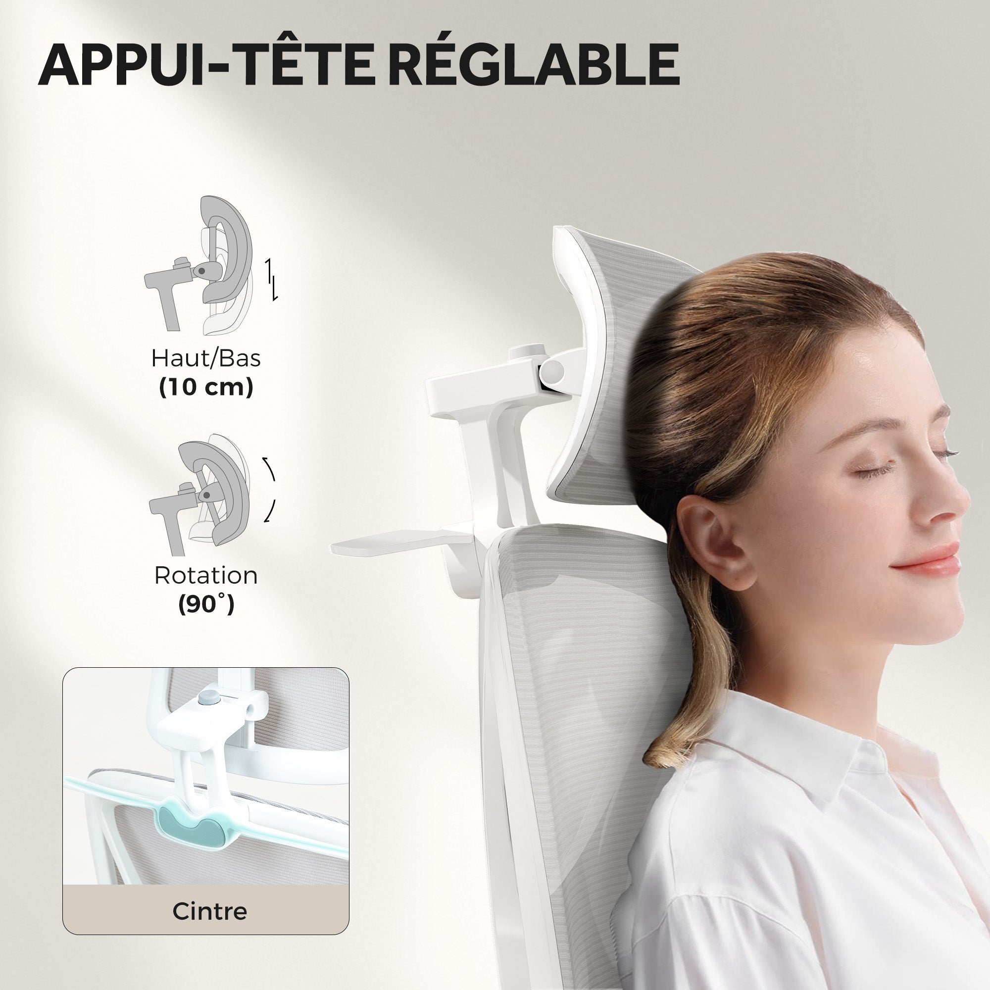 Chaise bureau fauteuil de bureau - hauteur réglable, dossier inclinable, accoudoirs 3D, appui-tête rotatif, soutien lombaire réglable, siège de bureau en tissu en maille, 71x70x129cm, noir