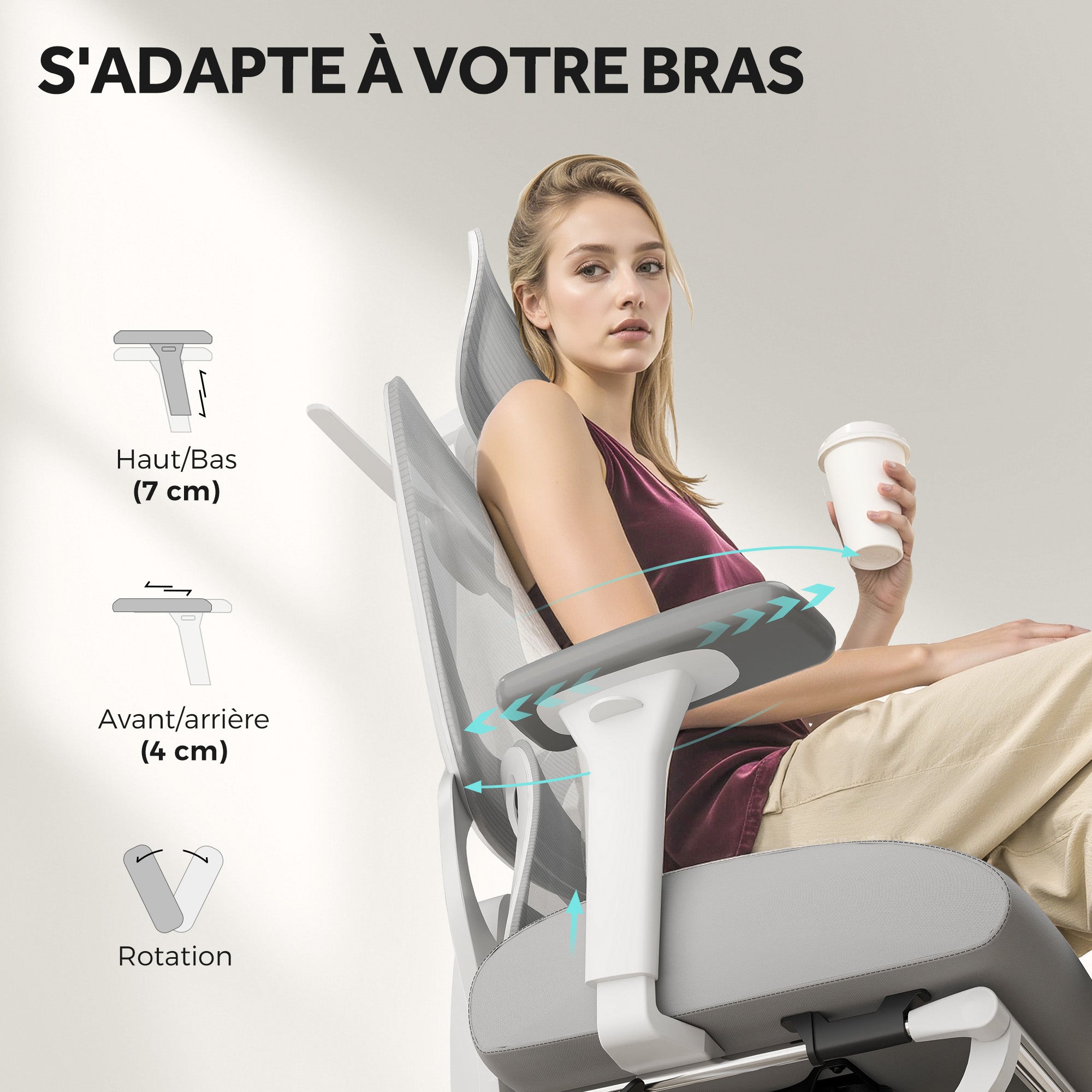 Chaise bureau fauteuil de bureau - hauteur réglable, dossier inclinable, accoudoirs 3D, appui-tête rotatif, soutien lombaire réglable, siège de bureau en tissu en maille, 71x70x129cm, noir