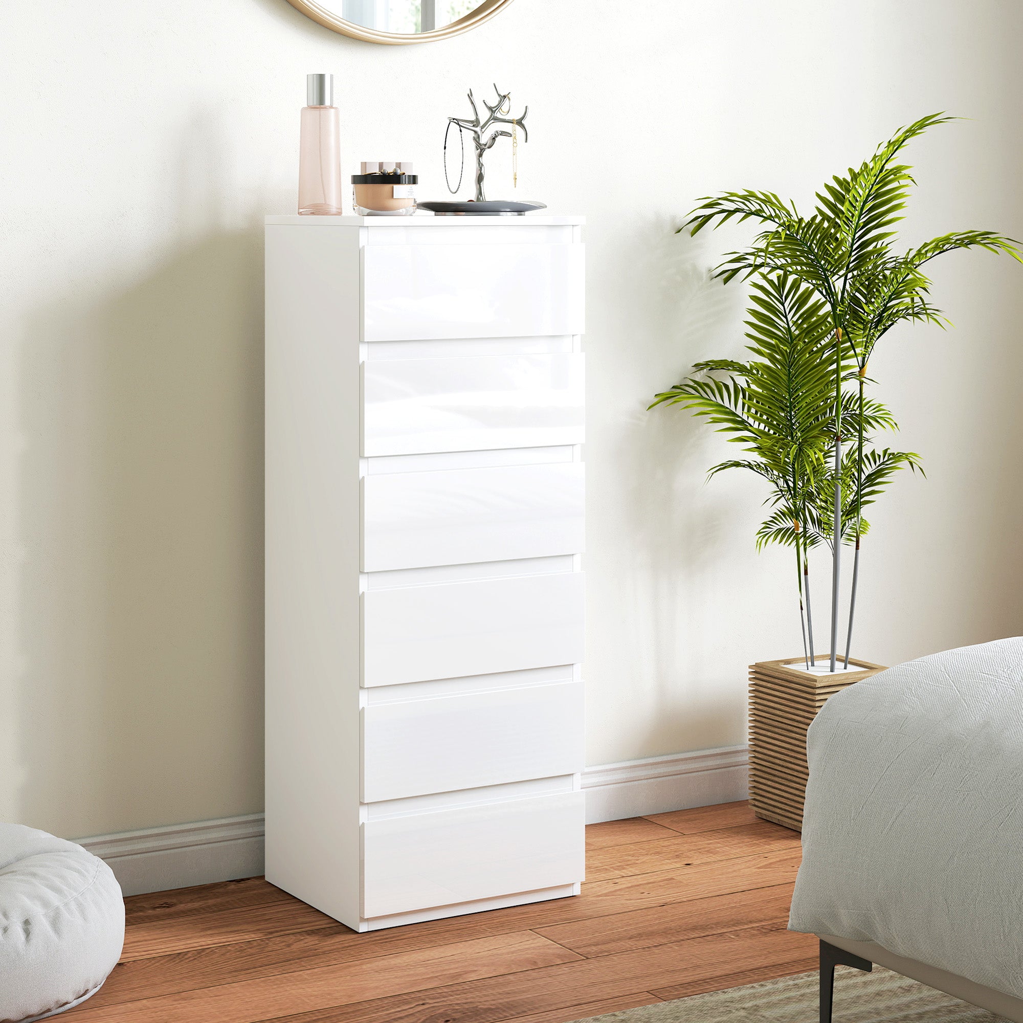 Commode 6 tiroirs à haute brillance, meuble de rangement étroit sans poignées, chiffonnier, style moderne, commode pour chambre à coucher, salon, couloir, 40 x 35 x 109 cm, blanc