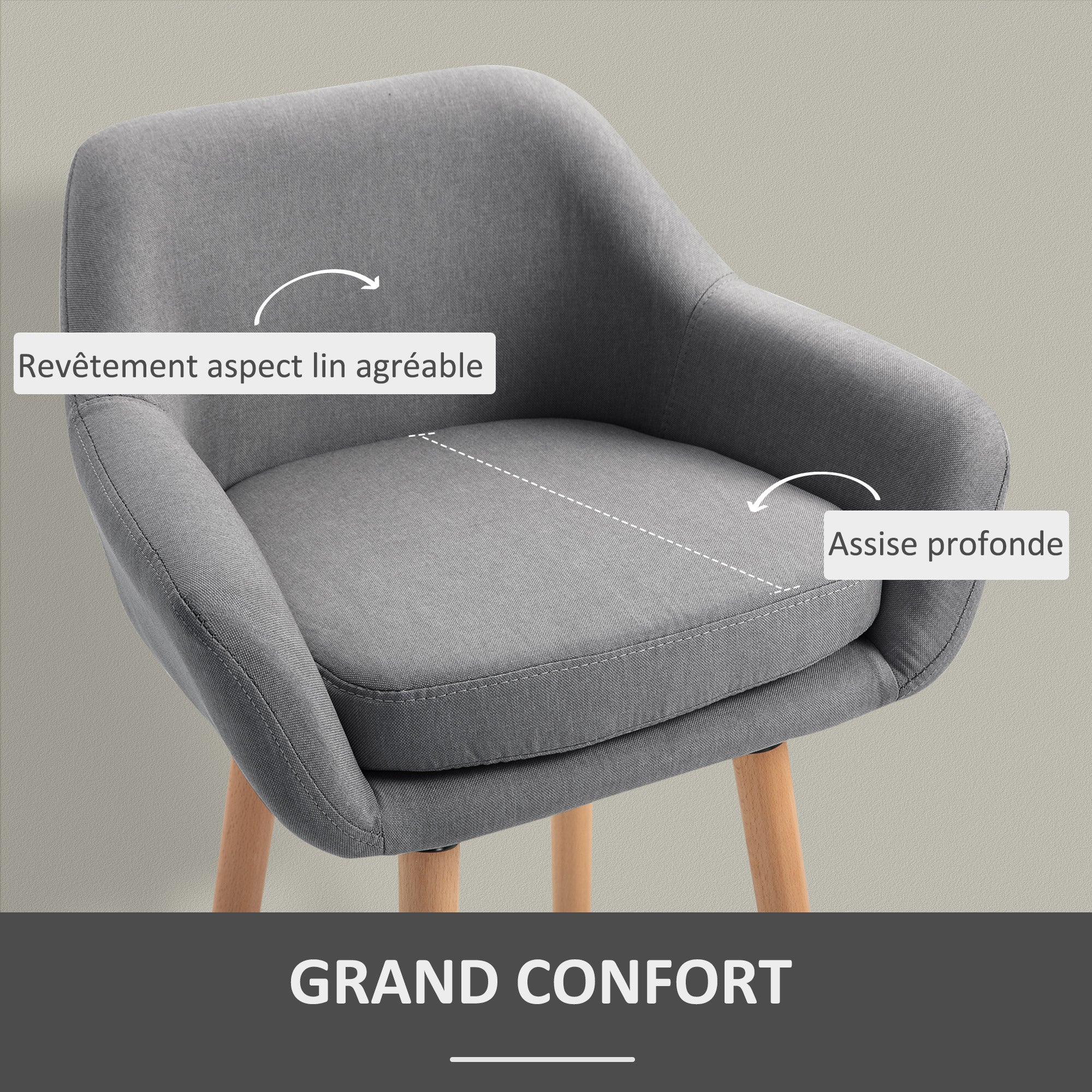 Tabourets de Bar Design scandinave - Lot de 2 tabourets de Bar Grand Confort avec Repose-Pieds et accoudoirs - Bois massif Lin Gris foncé