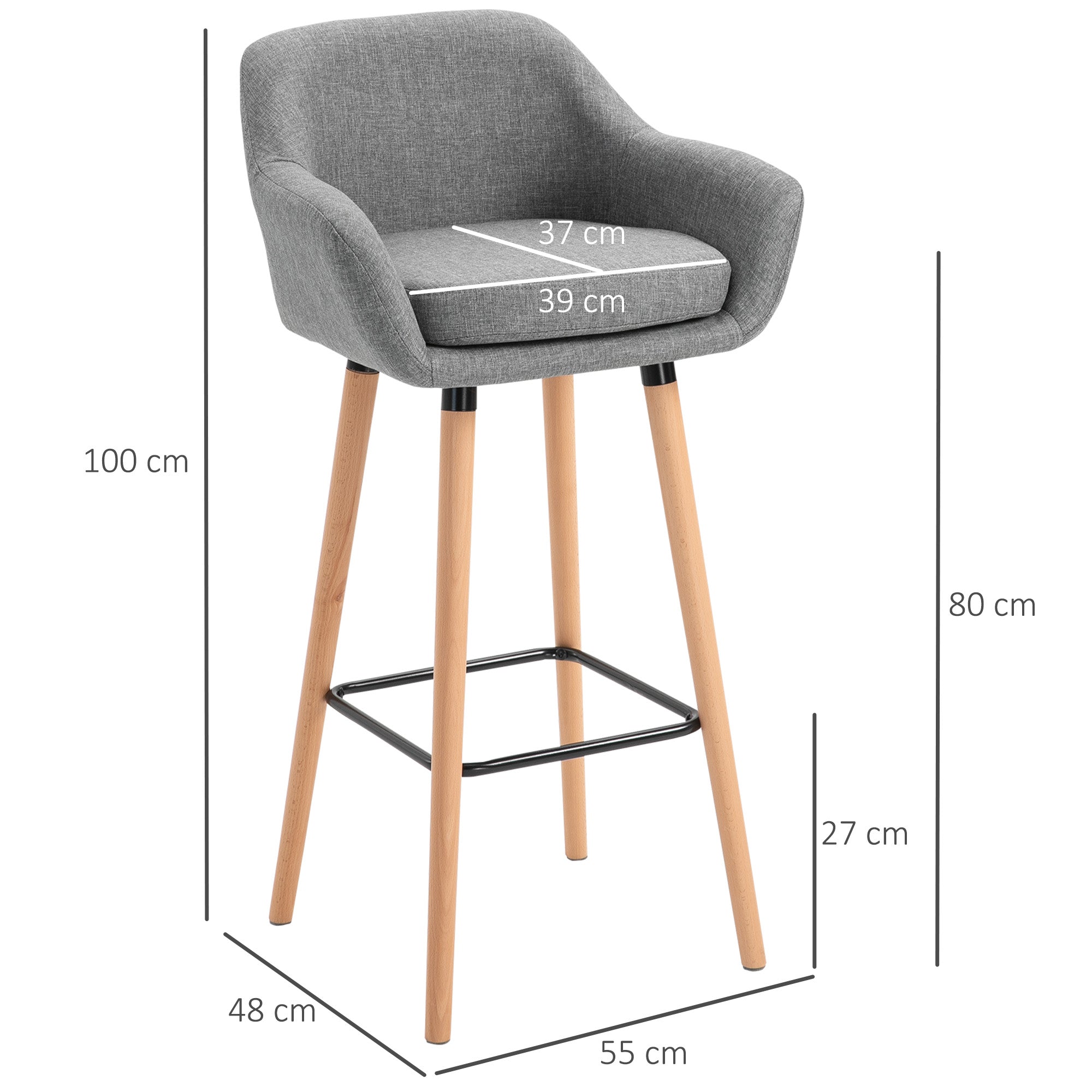 Tabourets de Bar Design scandinave - Lot de 2 tabourets de Bar Grand Confort avec Repose-Pieds et accoudoirs - Bois massif Lin Gris foncé