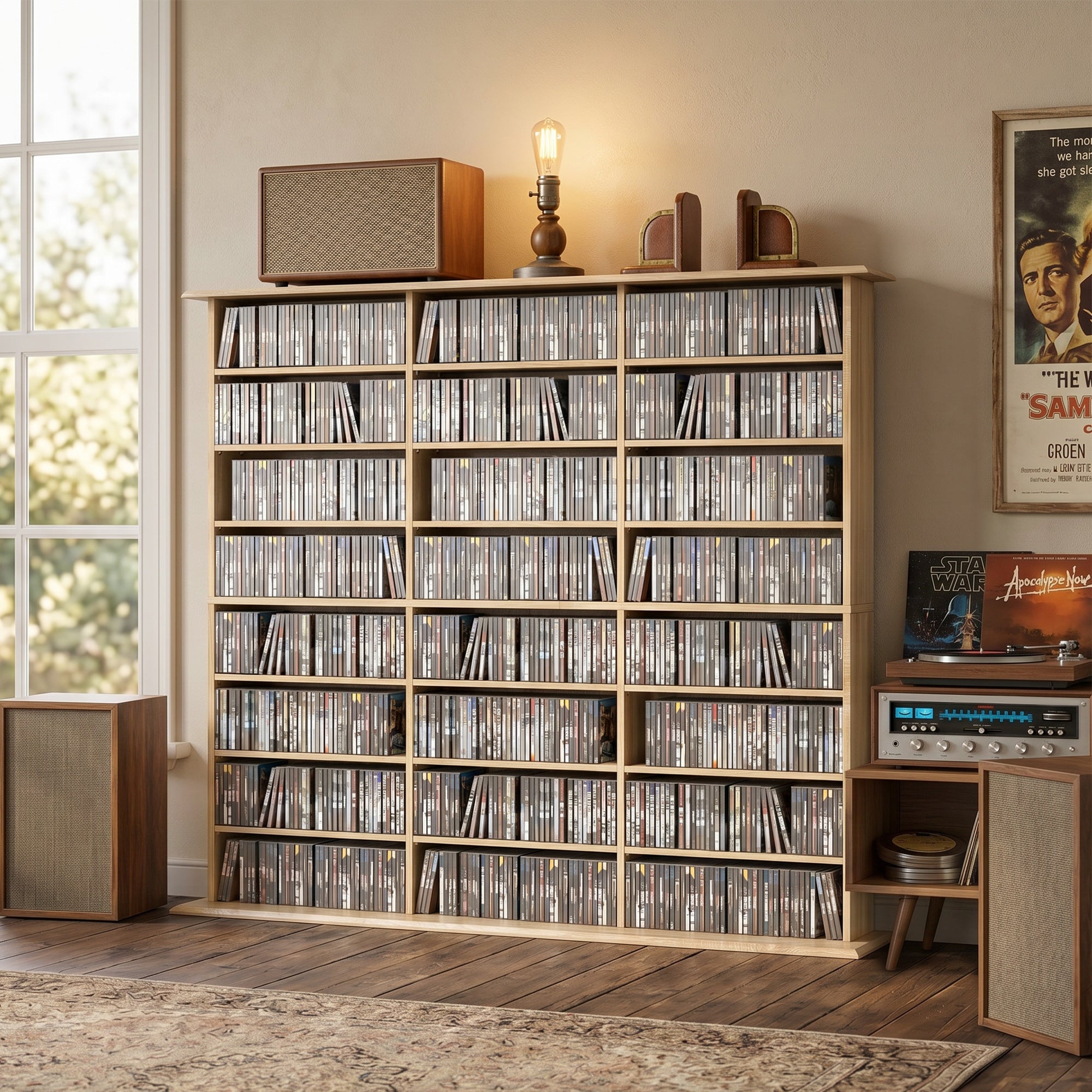Rangements pour CD et DVD, Meuble de Rangement Multimédia, Capacité Max. 1032 CDs/594 DVDs et Blu-ray, 24 Compartiments et 18 Étagères Réglables, pour Salon, Chambre, 145x24x126,3cm, Chêne