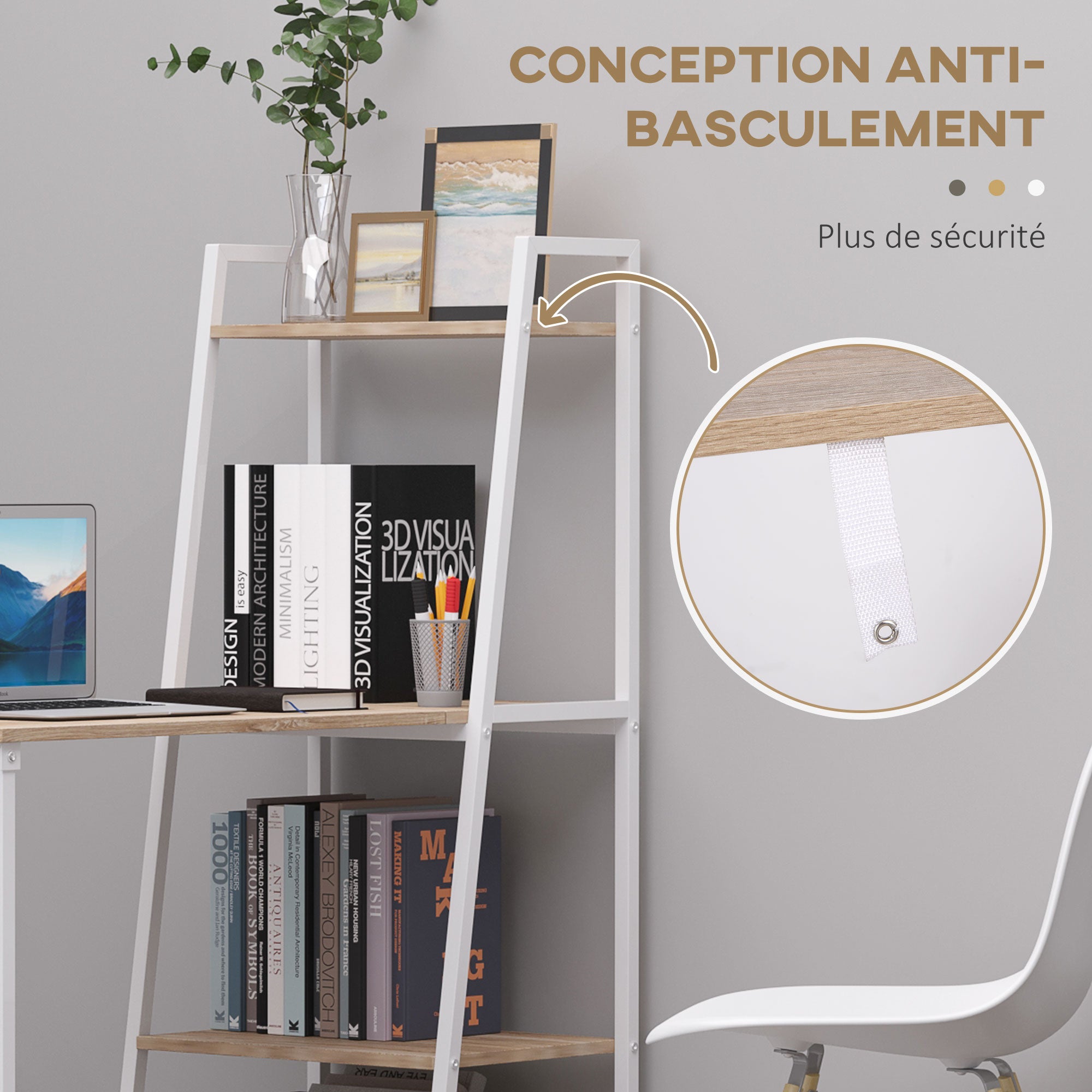 Bureau Pliable Rabattable - Bureau bibliothèque 2 en 1-4 étagères - Imitation Bois chêne Clair métal Blanc