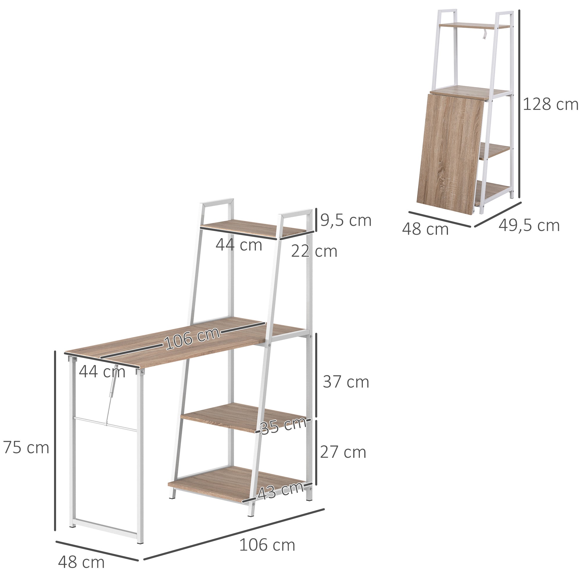 Bureau Pliable Rabattable - Bureau bibliothèque 2 en 1-4 étagères - Imitation Bois chêne Clair métal Blanc