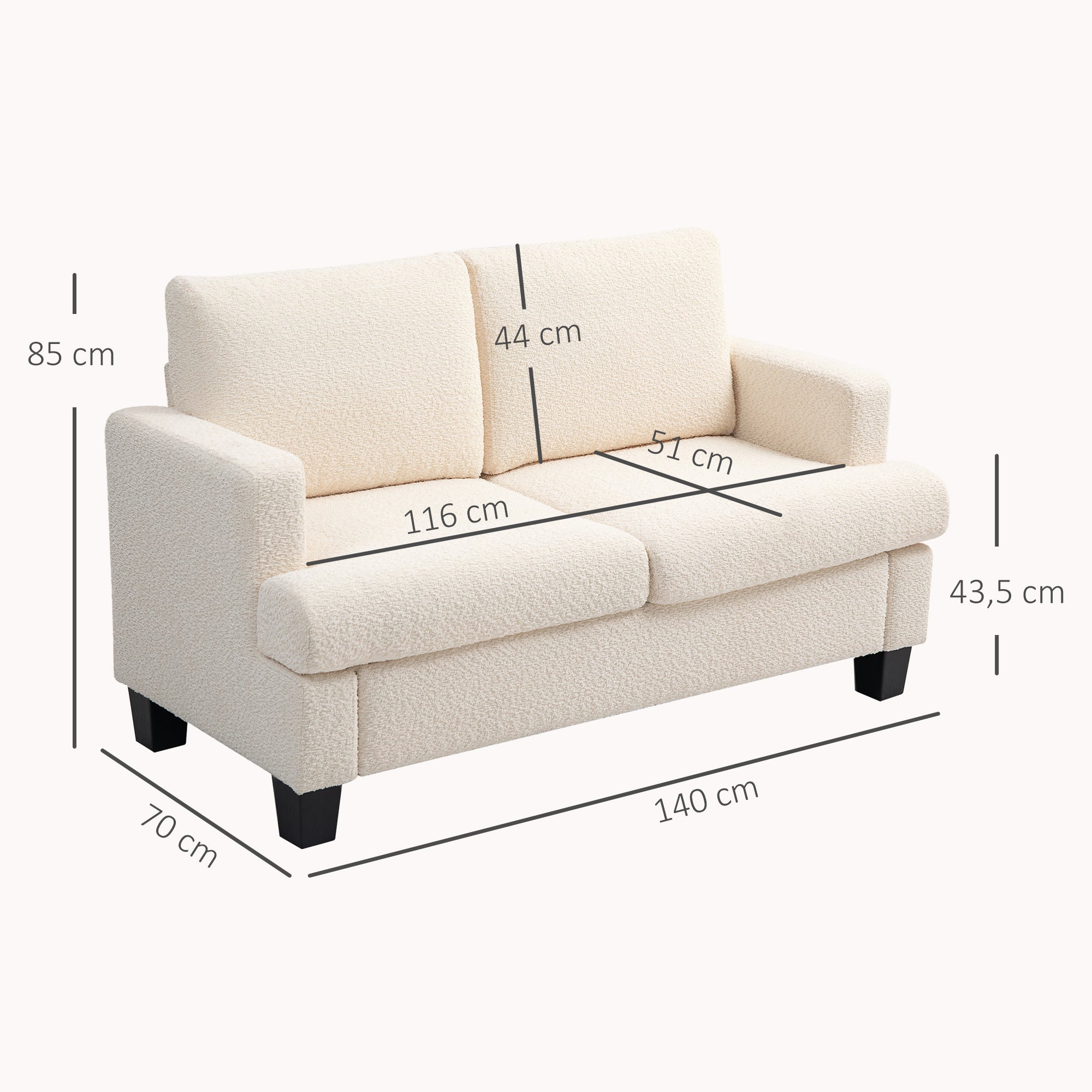 Canapé 2 places canapé de salon 140 cm style moderne avec coussins de dossier amovibles et accoudoirs, mini sofa pour chambre, appartement, petit espace, beige