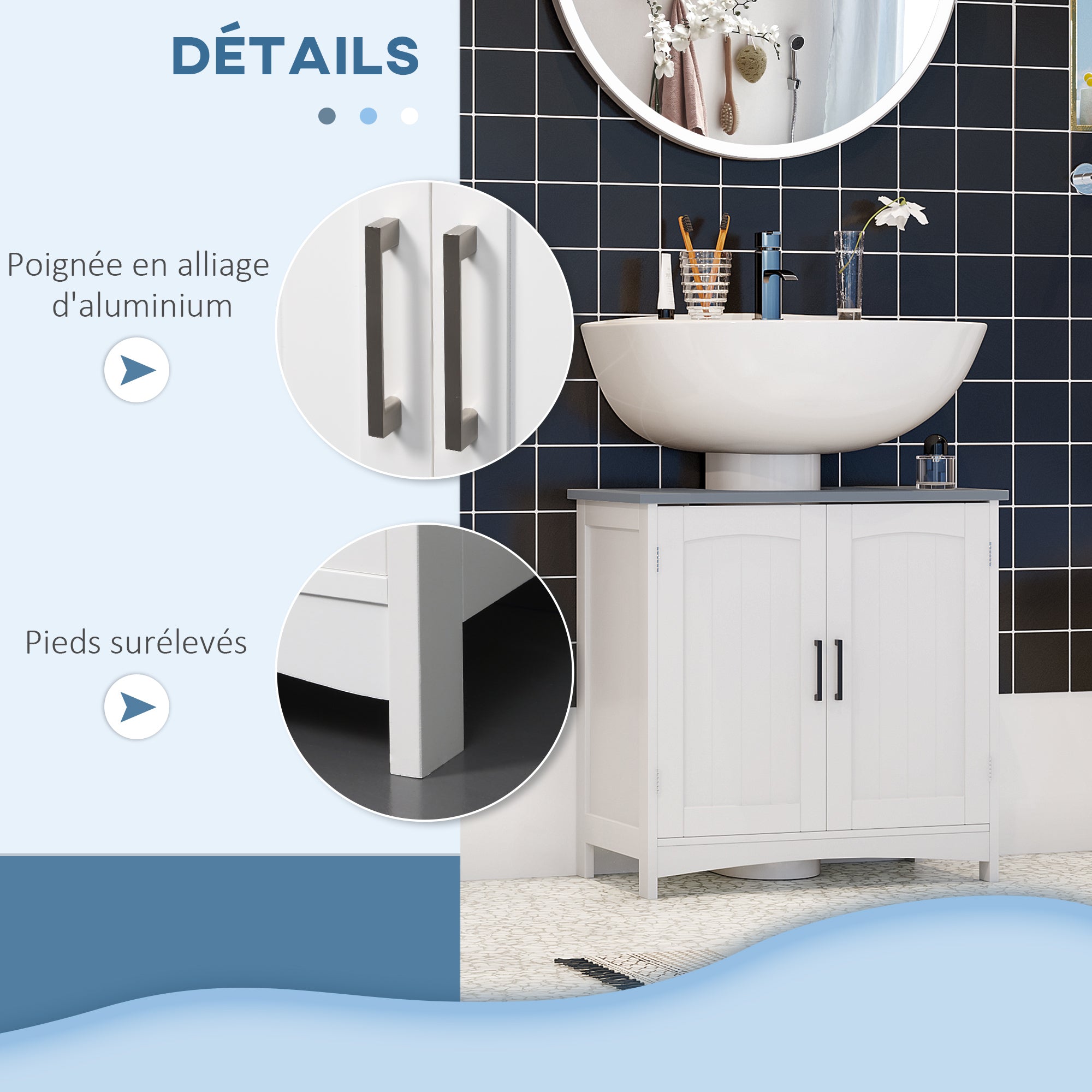 Meuble salle de bain sous lavabo, meuble sous lavabo avec double portes, étagère réglable, 60 x 33 x 60 cm, blanc