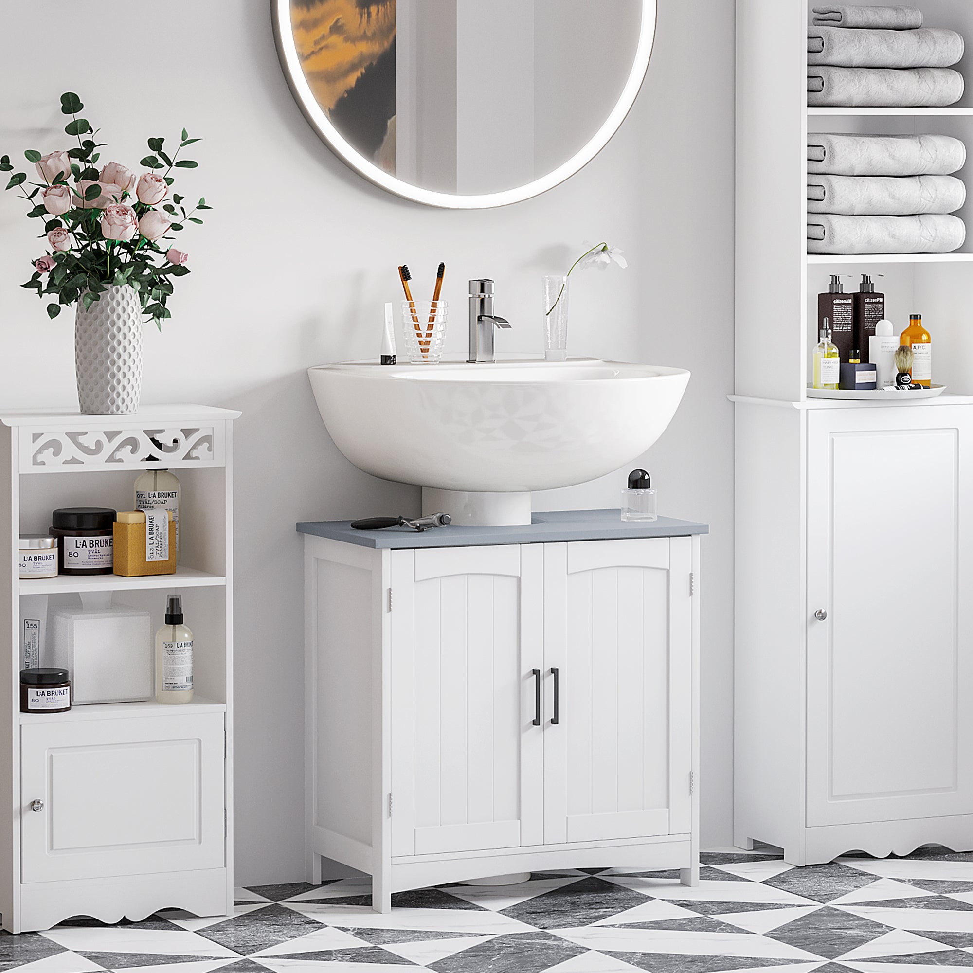 Meuble salle de bain sous lavabo, meuble sous lavabo avec double portes, étagère réglable, 60 x 33 x 60 cm, blanc