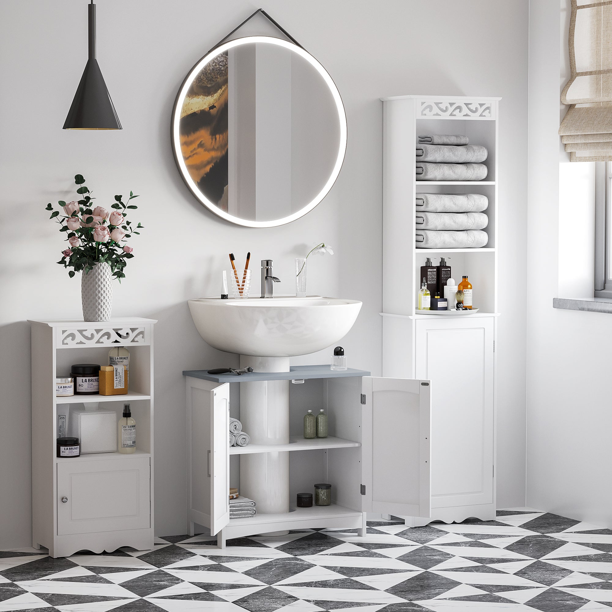 Meuble salle de bain sous lavabo, meuble sous lavabo avec double portes, étagère réglable, 60 x 33 x 60 cm, blanc