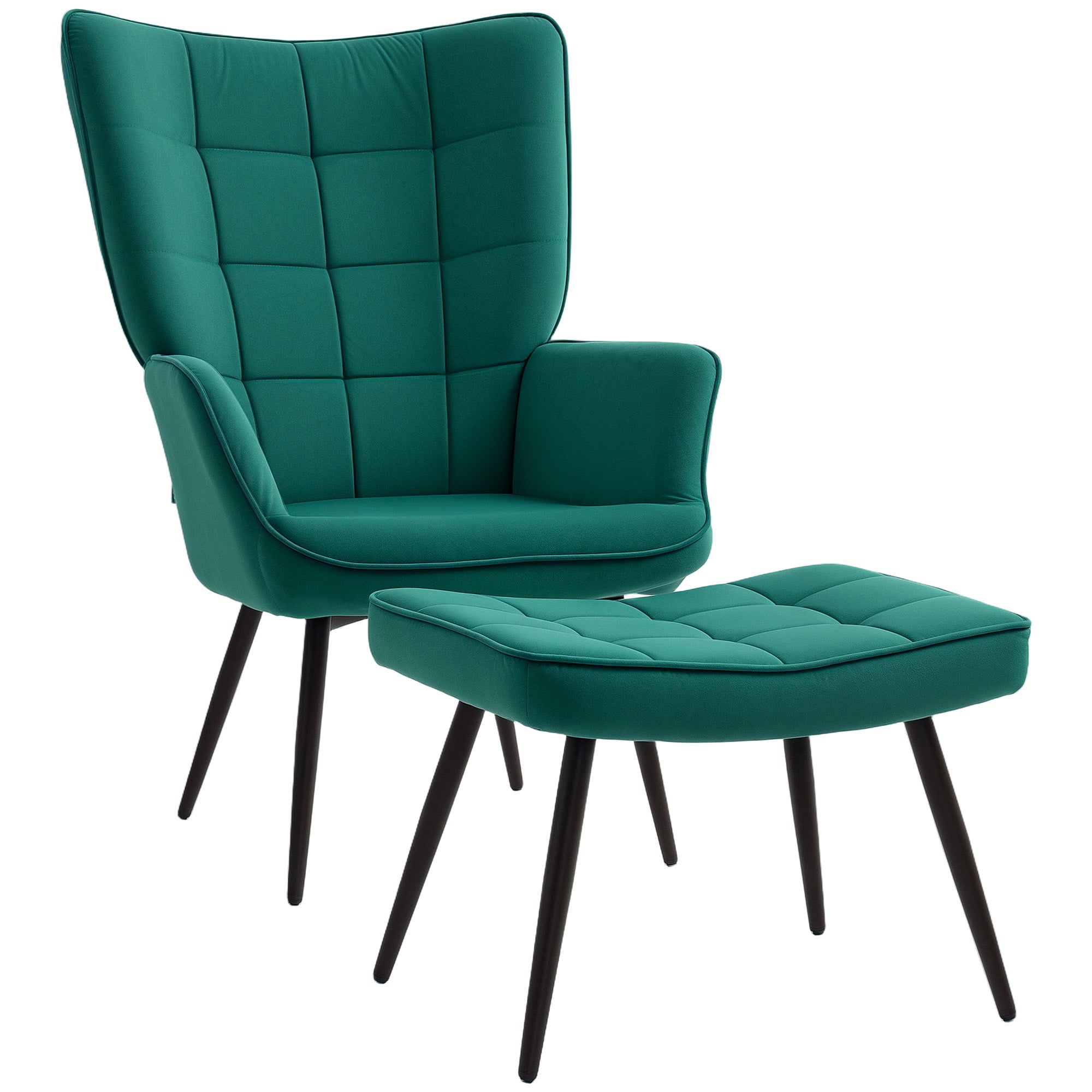 Fauteuil relax avec repose-pieds assorti style scandinave piètement métal noir revêtement aspect velours - Vert