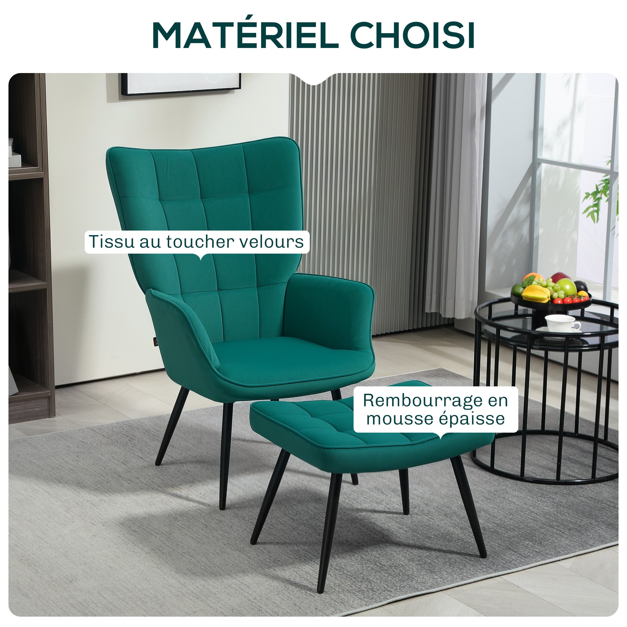 Fauteuil relax avec repose-pieds assorti style scandinave piètement métal noir revêtement aspect velours - Vert