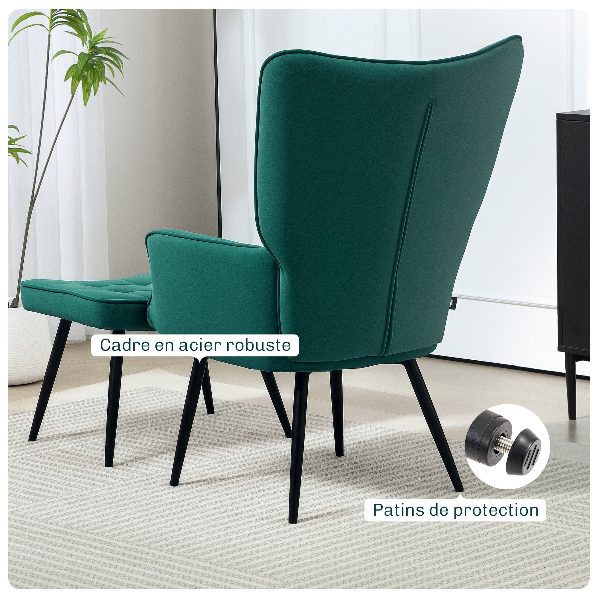 Fauteuil relax avec repose-pieds assorti style scandinave piètement métal noir revêtement aspect velours - Vert