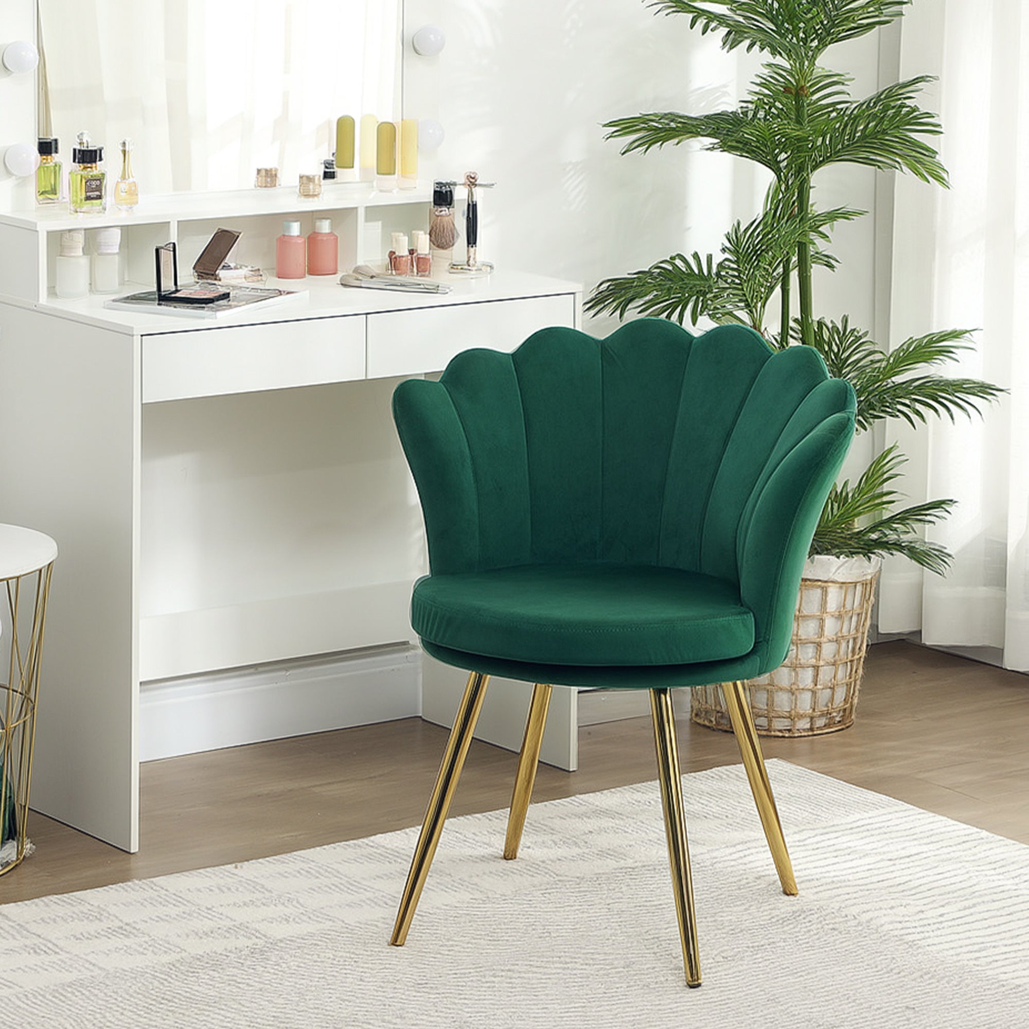 Fauteuil coquillage chaise coiffeuse fauteuil en velours fauteuil de salon avec pieds en métal doré pour salon chambre et salle à manger 67l x 64P x 77H cm vert