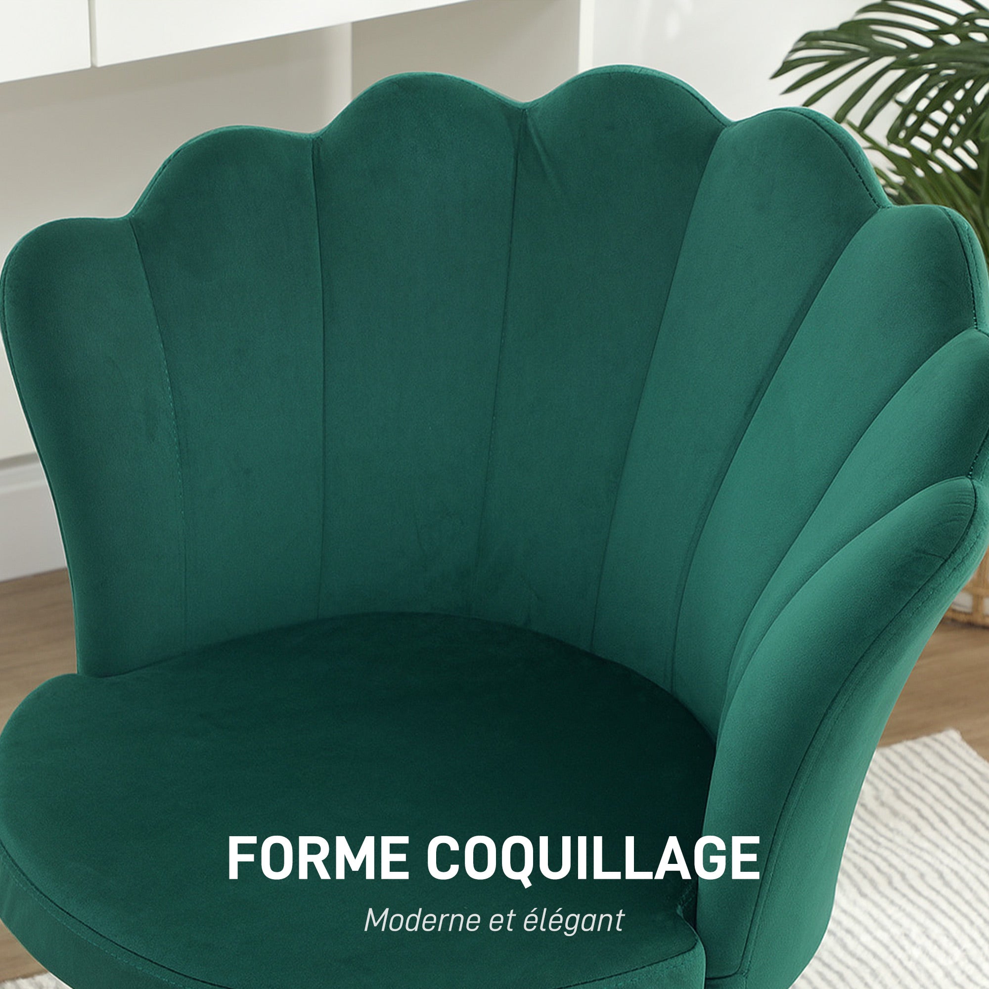 Fauteuil coquillage chaise coiffeuse fauteuil en velours fauteuil de salon avec pieds en métal doré pour salon chambre et salle à manger 67l x 64P x 77H cm vert