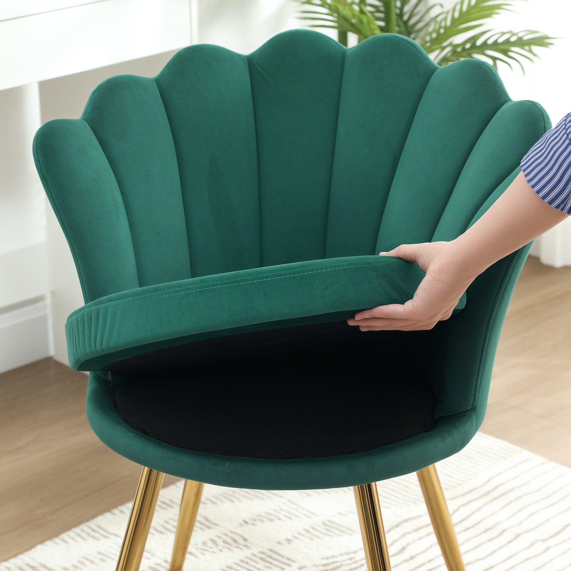 Fauteuil coquillage chaise coiffeuse fauteuil en velours fauteuil de salon avec pieds en métal doré pour salon chambre et salle à manger 67l x 64P x 77H cm vert
