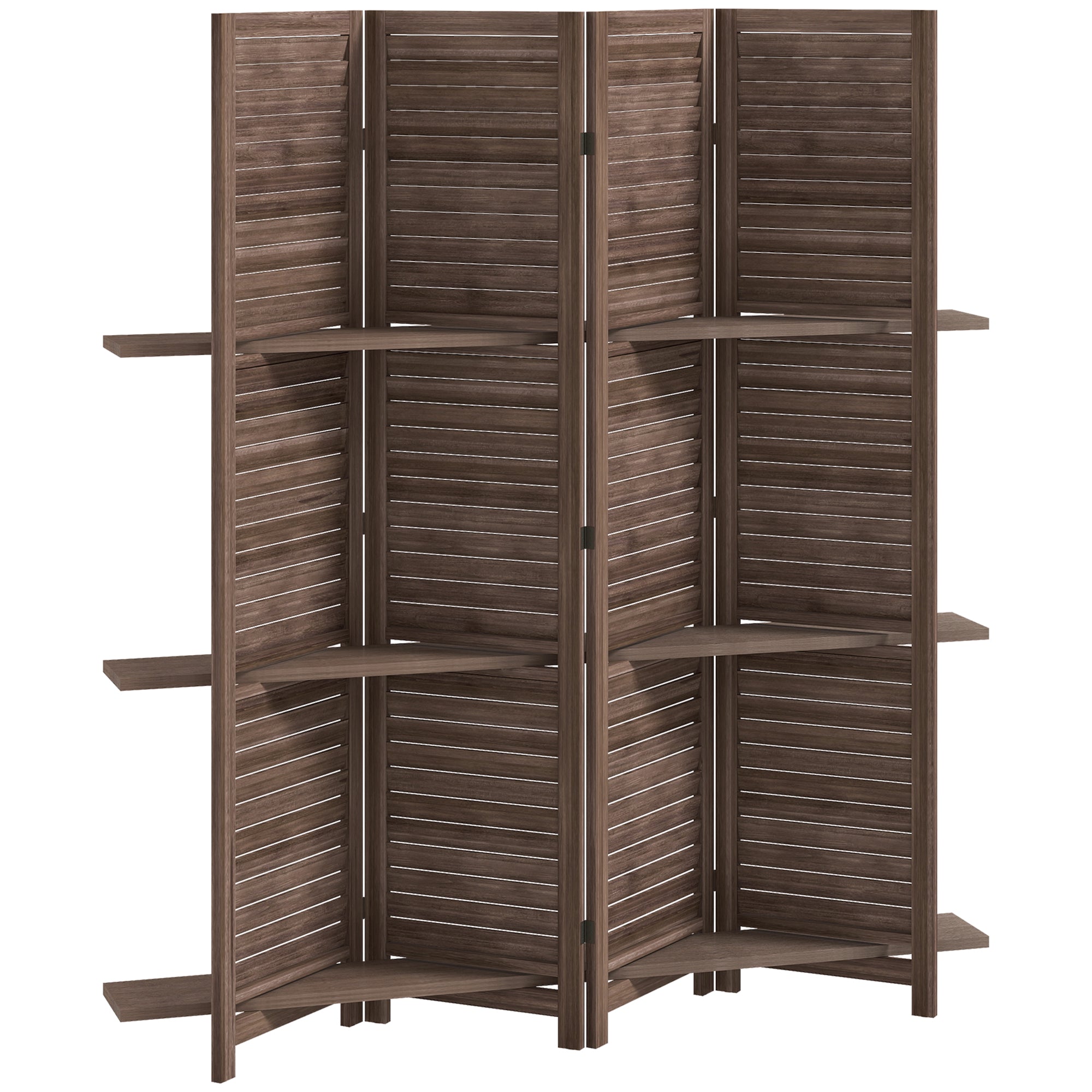 Paravent intérieur en bois 4 panneaux 160 x 170 cm, séparateur de pièce pliable avec 3 étagères, cloison de séparation pour salon, chambre à coucher, maison, noyer