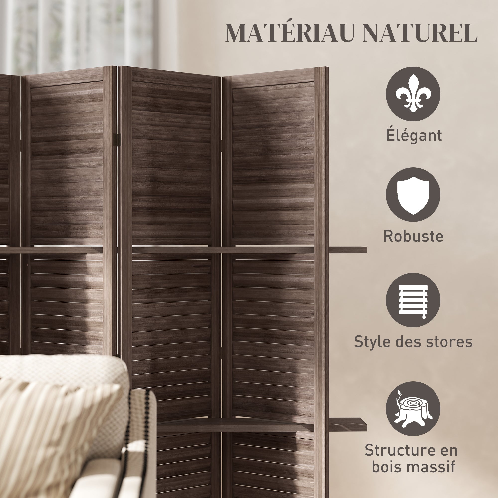 Paravent intérieur en bois 4 panneaux 160 x 170 cm, séparateur de pièce pliable avec 3 étagères, cloison de séparation pour salon, chambre à coucher, maison, noyer