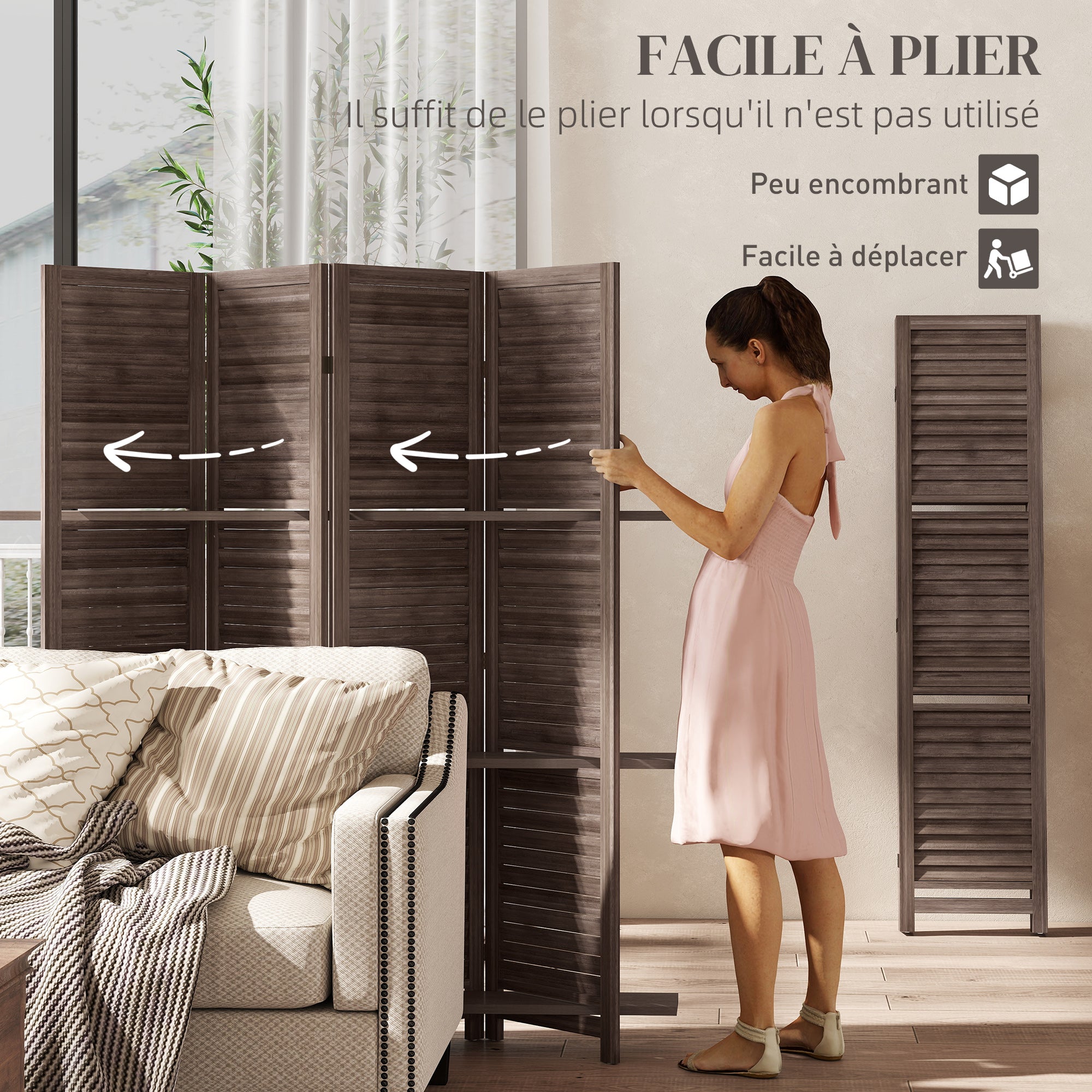 Paravent intérieur en bois 4 panneaux 160 x 170 cm, séparateur de pièce pliable avec 3 étagères, cloison de séparation pour salon, chambre à coucher, maison, noyer