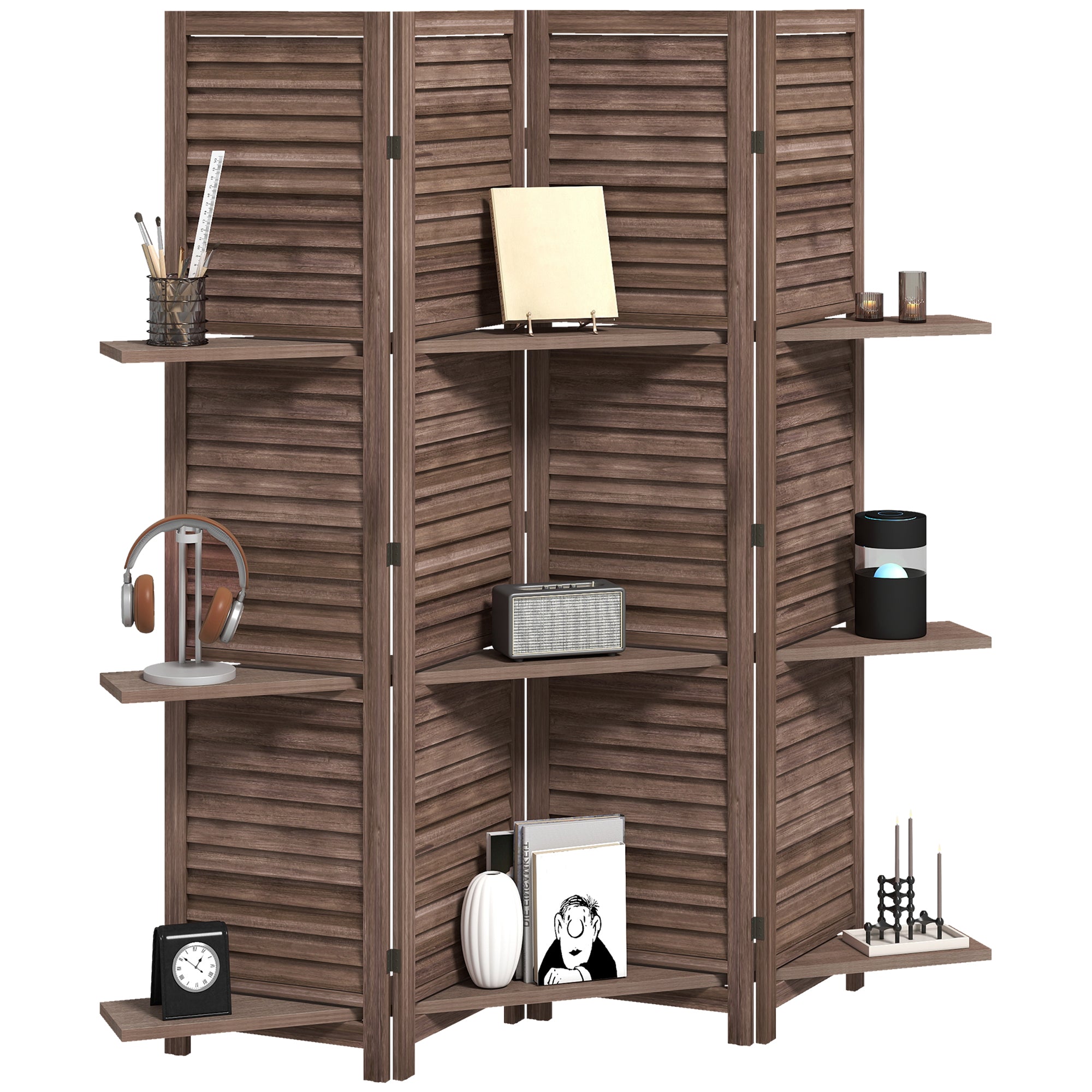 Paravent intérieur en bois 4 panneaux 160 x 170 cm, séparateur de pièce pliable avec 3 étagères, cloison de séparation pour salon, chambre à coucher, maison, noyer