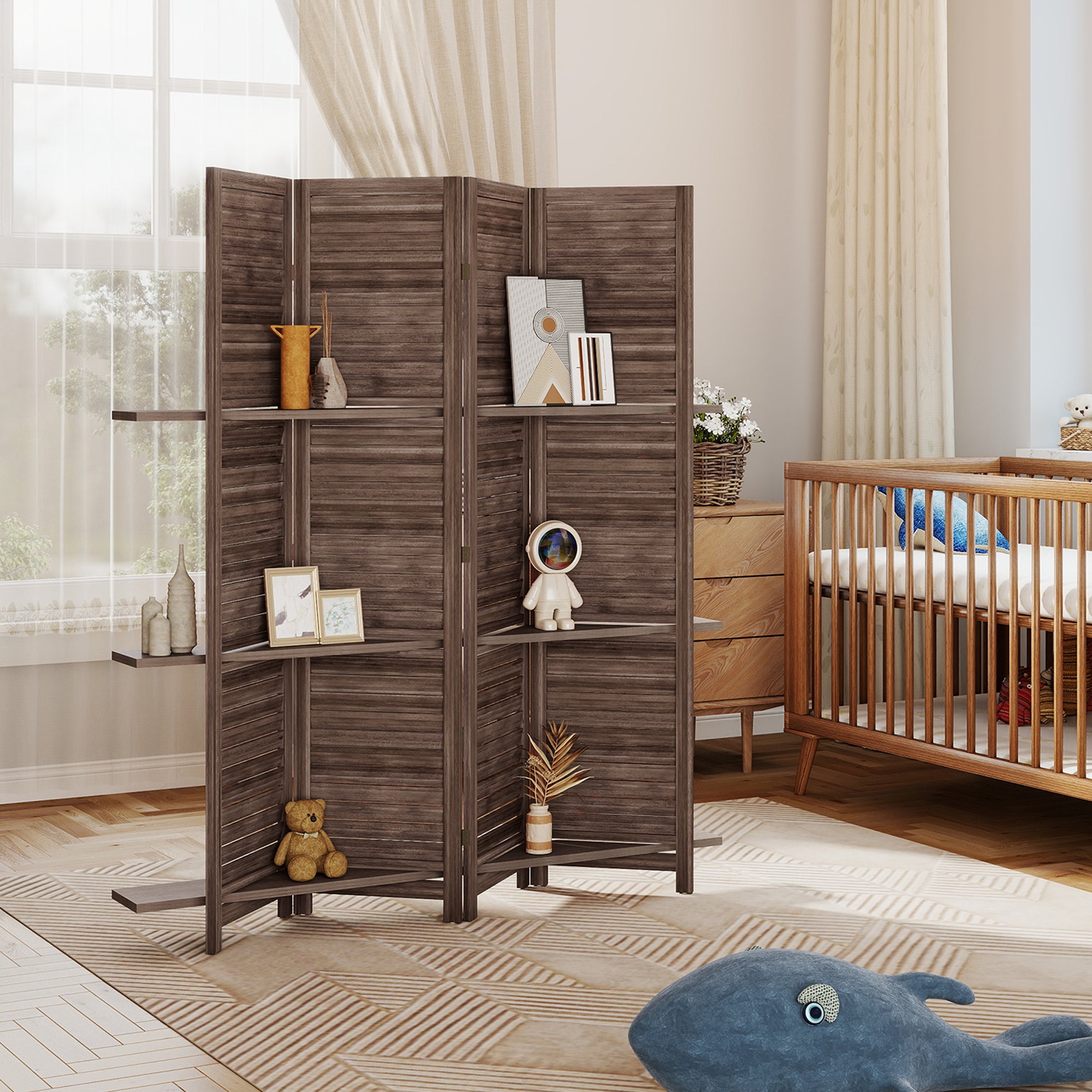 Paravent intérieur en bois 4 panneaux 160 x 170 cm, séparateur de pièce pliable avec 3 étagères, cloison de séparation pour salon, chambre à coucher, maison, noyer