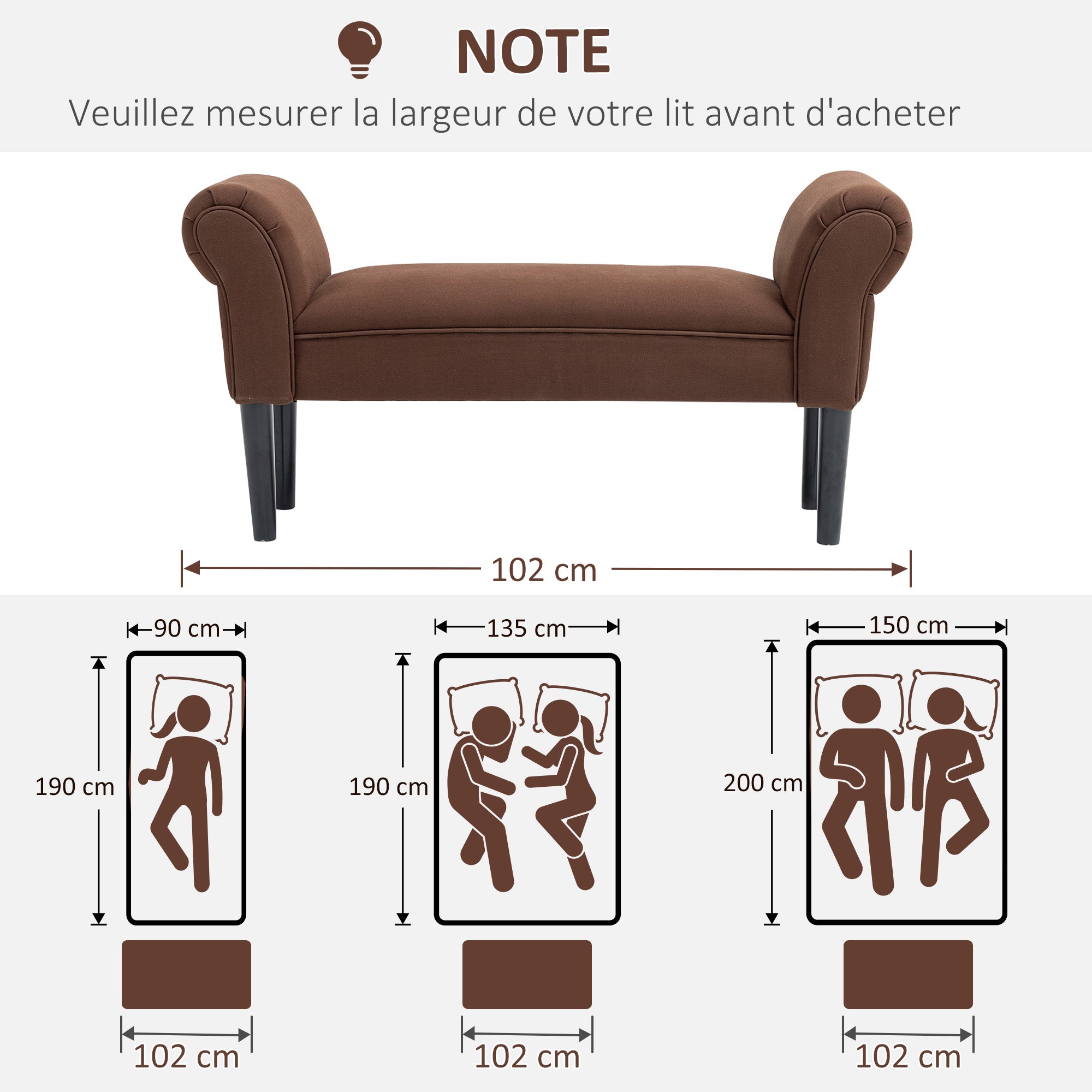 Banc Entrée Bout de Lit Rembourré pour Chambre à Coucher, Tissu à Voile, Marron, 102 x 36 x 51 cm