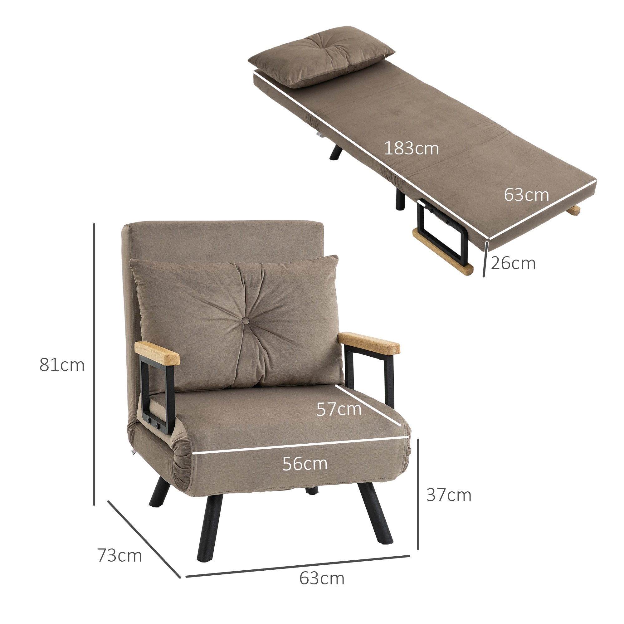 Fauteuil convertible 1 place chauffeuse 4 en 1 canapé convertible fauteuil lit avec dossier réglable en 5 positions, coussin inclus, canapé-lit 1 place pour invités, salon, charge 120 kg marron