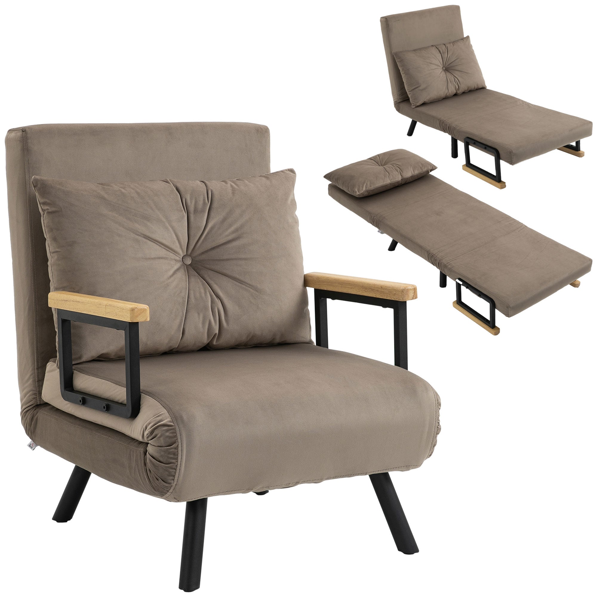 Fauteuil convertible 1 place chauffeuse 4 en 1 canapé convertible fauteuil lit avec dossier réglable en 5 positions, coussin inclus, canapé-lit 1 place pour invités, salon, charge 120 kg marron