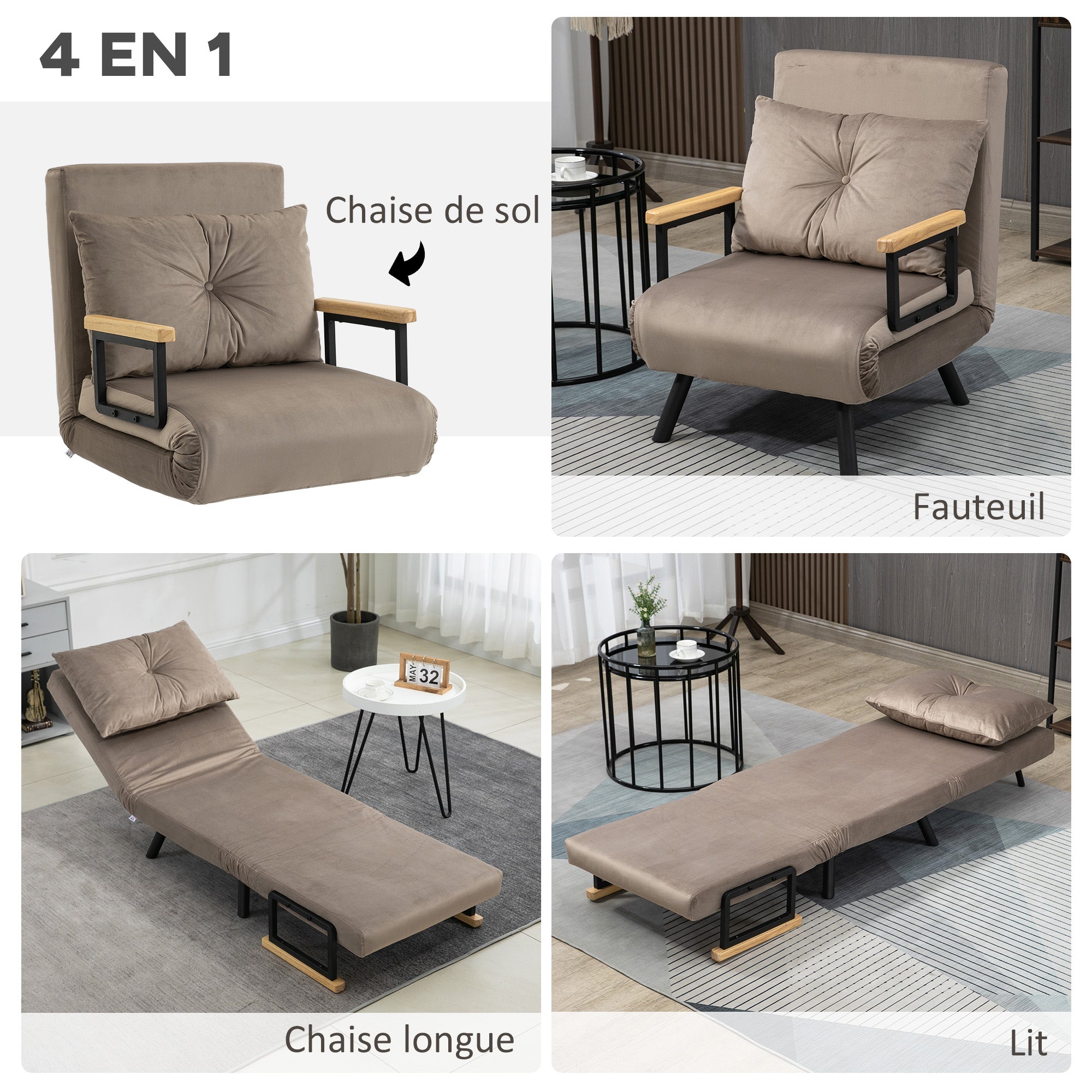 Fauteuil convertible 1 place chauffeuse 4 en 1 canapé convertible fauteuil lit avec dossier réglable en 5 positions, coussin inclus, canapé-lit 1 place pour invités, salon, charge 120 kg marron