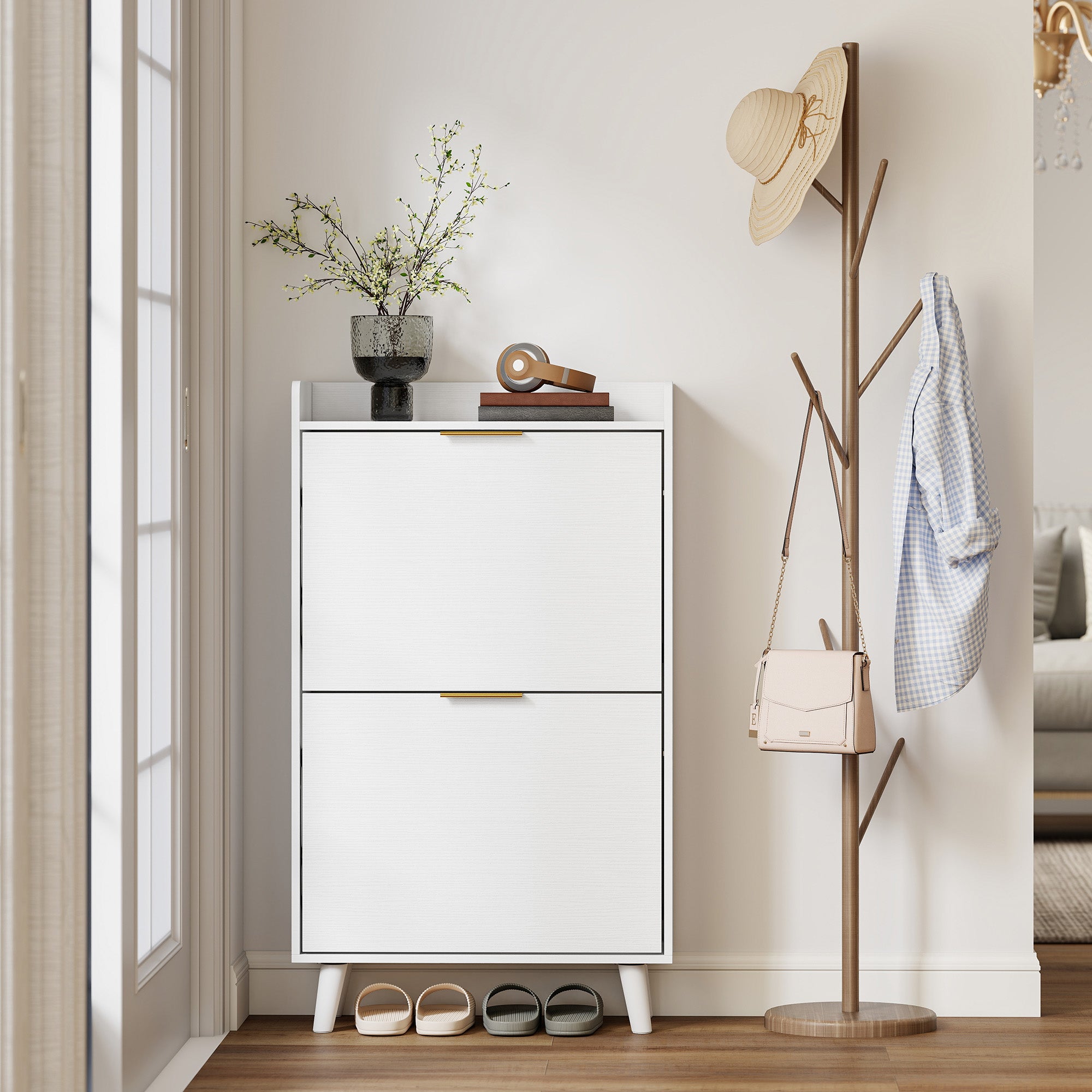 Meuble à chaussures 12 paires, armoire à chaussures étroite avec 2 tiroirs rabattables, étagères réglables et plateau supérieur, pieds en bois d'hévéa, pour couloir, entrée, 70x30x120cm, blanc
