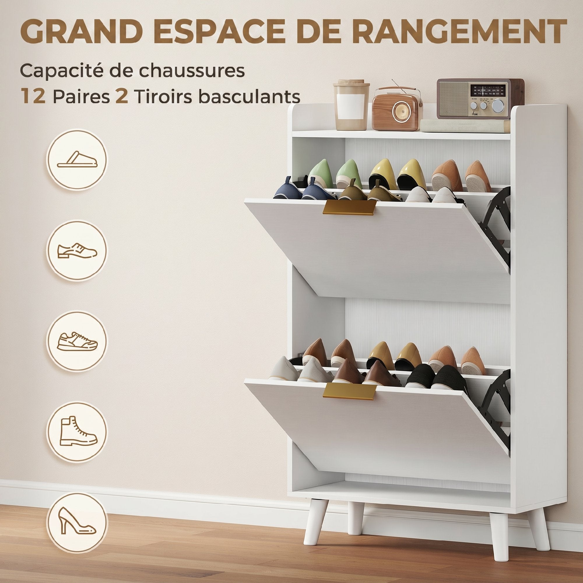Meuble à chaussures 12 paires, armoire à chaussures étroite avec 2 tiroirs rabattables, étagères réglables et plateau supérieur, pieds en bois d'hévéa, pour couloir, entrée, 70x30x120cm, blanc