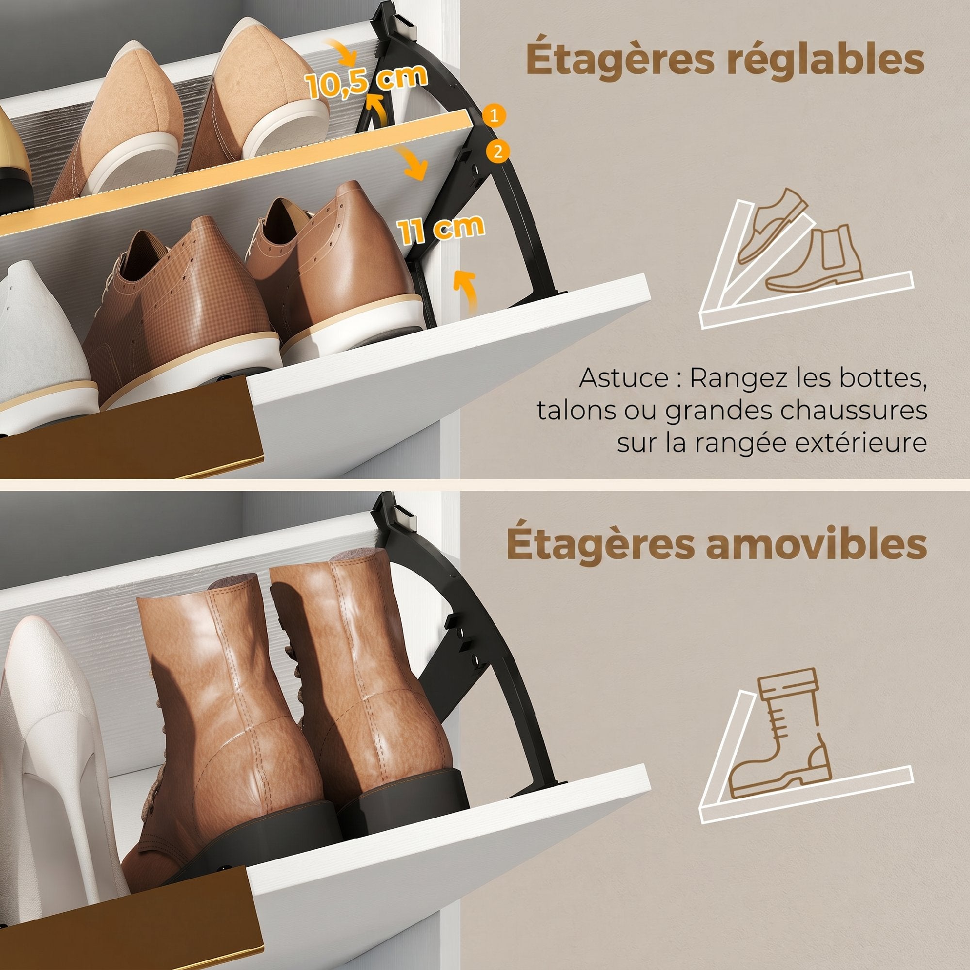 Meuble à chaussures 12 paires, armoire à chaussures étroite avec 2 tiroirs rabattables, étagères réglables et plateau supérieur, pieds en bois d'hévéa, pour couloir, entrée, 70x30x120cm, blanc