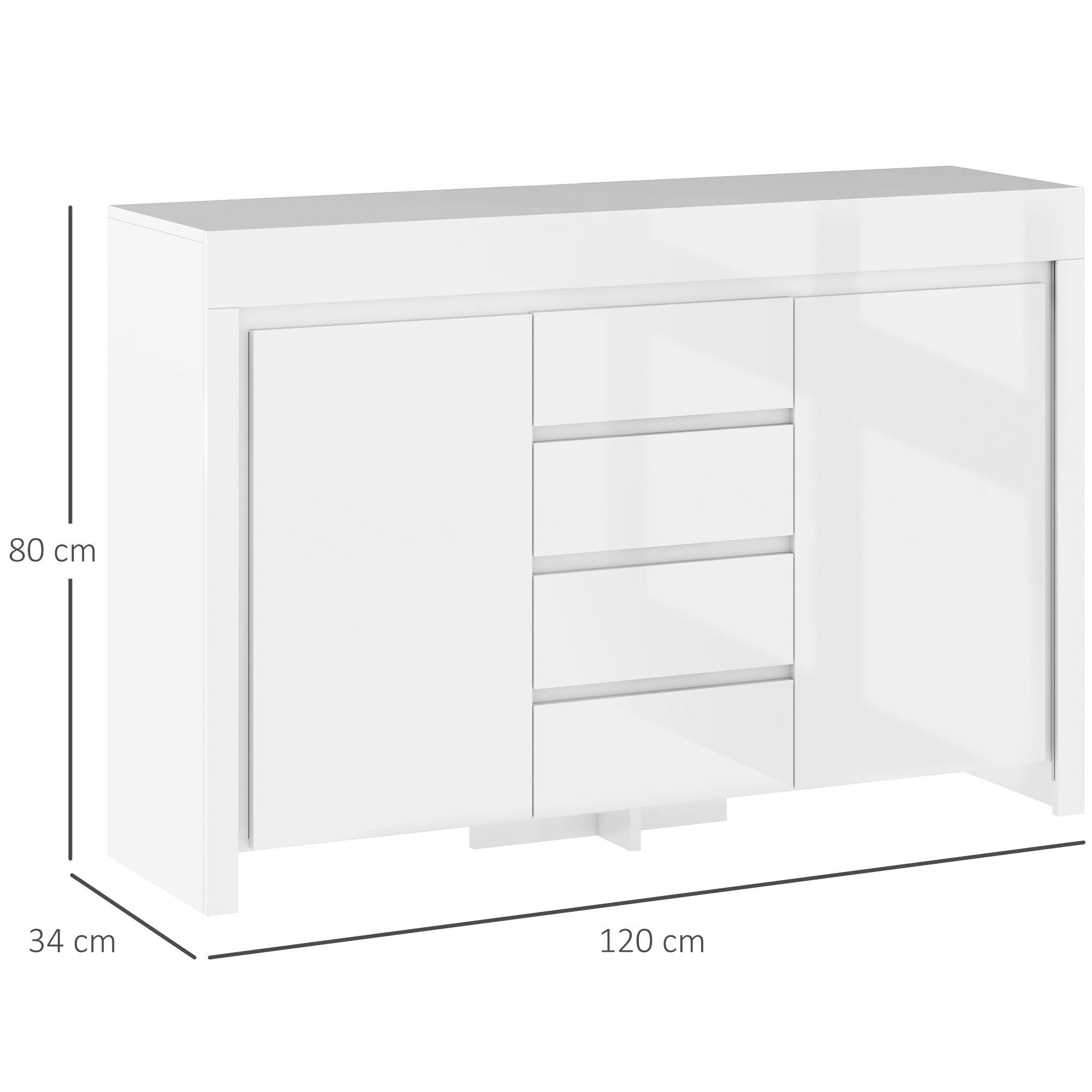Buffet salon, meuble de rangement avec éclairage LED 4 tiroirs portes à fermeture douce et étagères réglables, style moderne, buffet salle à manger et cuisine, 120 x 34 x 80 cm, blanc brillant