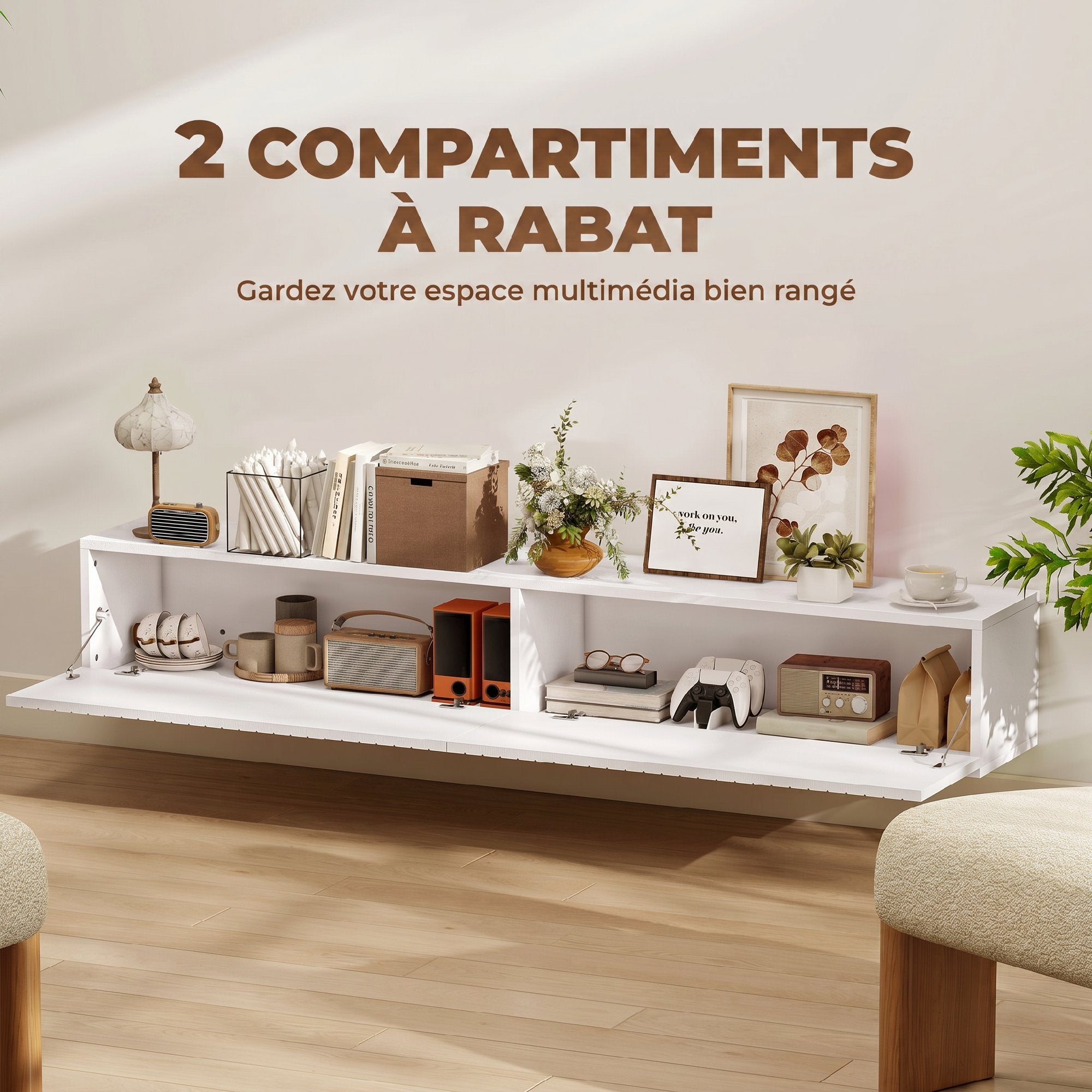 Meuble TV suspendu flottant 140 cm, meuble télé pour téléviseur jusqu'à 72 pouces avec 2 portes cannelées rabattables, banc TV mural pour salon, chambre à coucher, blanc