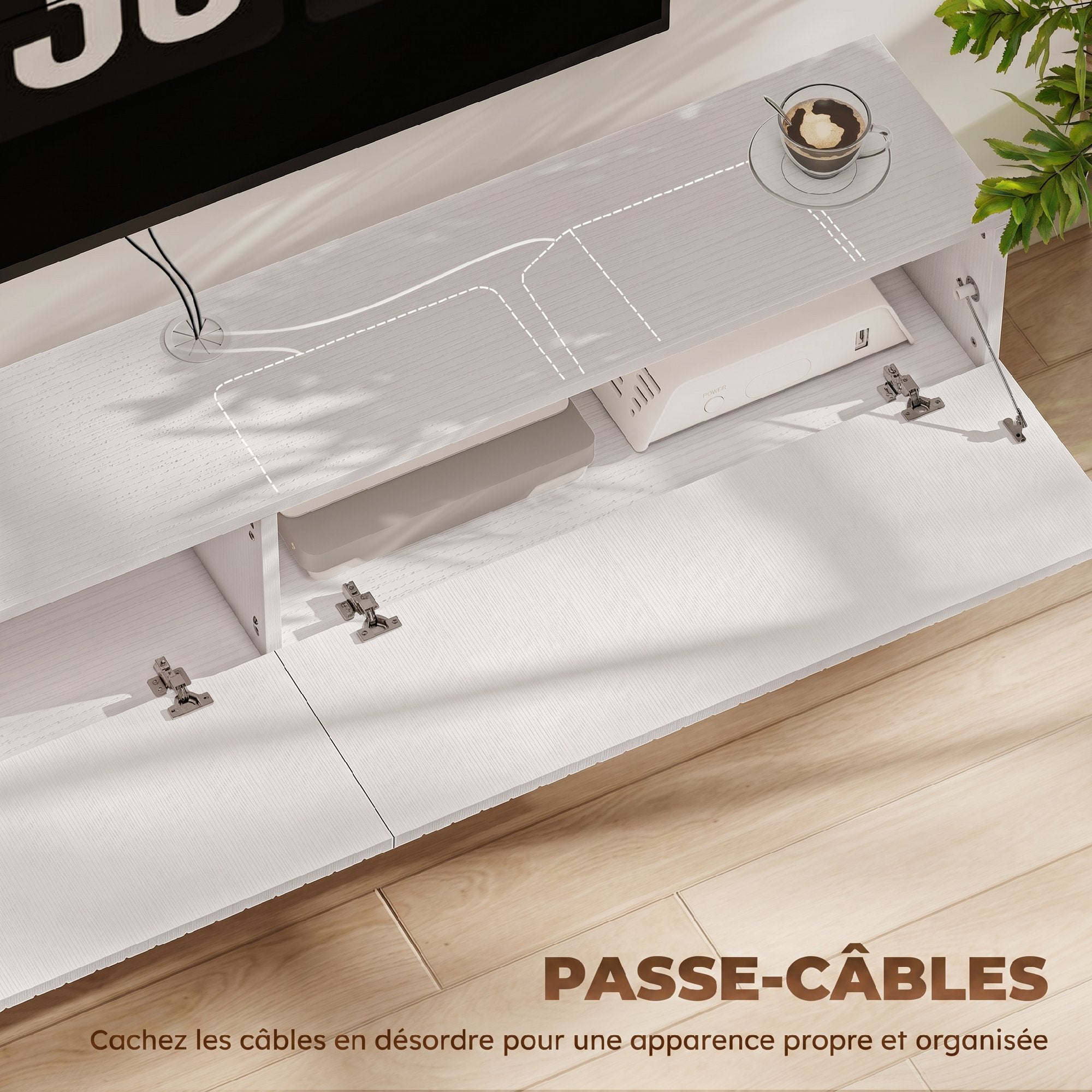 Meuble TV suspendu flottant 140 cm, meuble télé pour téléviseur jusqu'à 72 pouces avec 2 portes cannelées rabattables, banc TV mural pour salon, chambre à coucher, blanc
