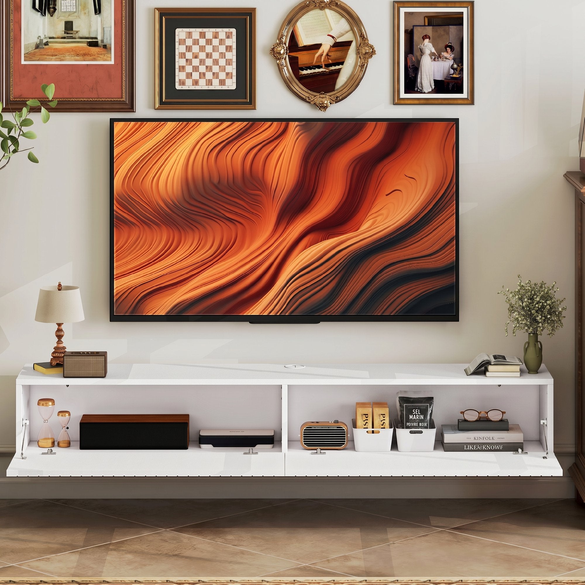 Meuble TV suspendu flottant 140 cm, meuble télé pour téléviseur jusqu'à 72 pouces avec 2 portes cannelées rabattables, banc TV mural pour salon, chambre à coucher, blanc