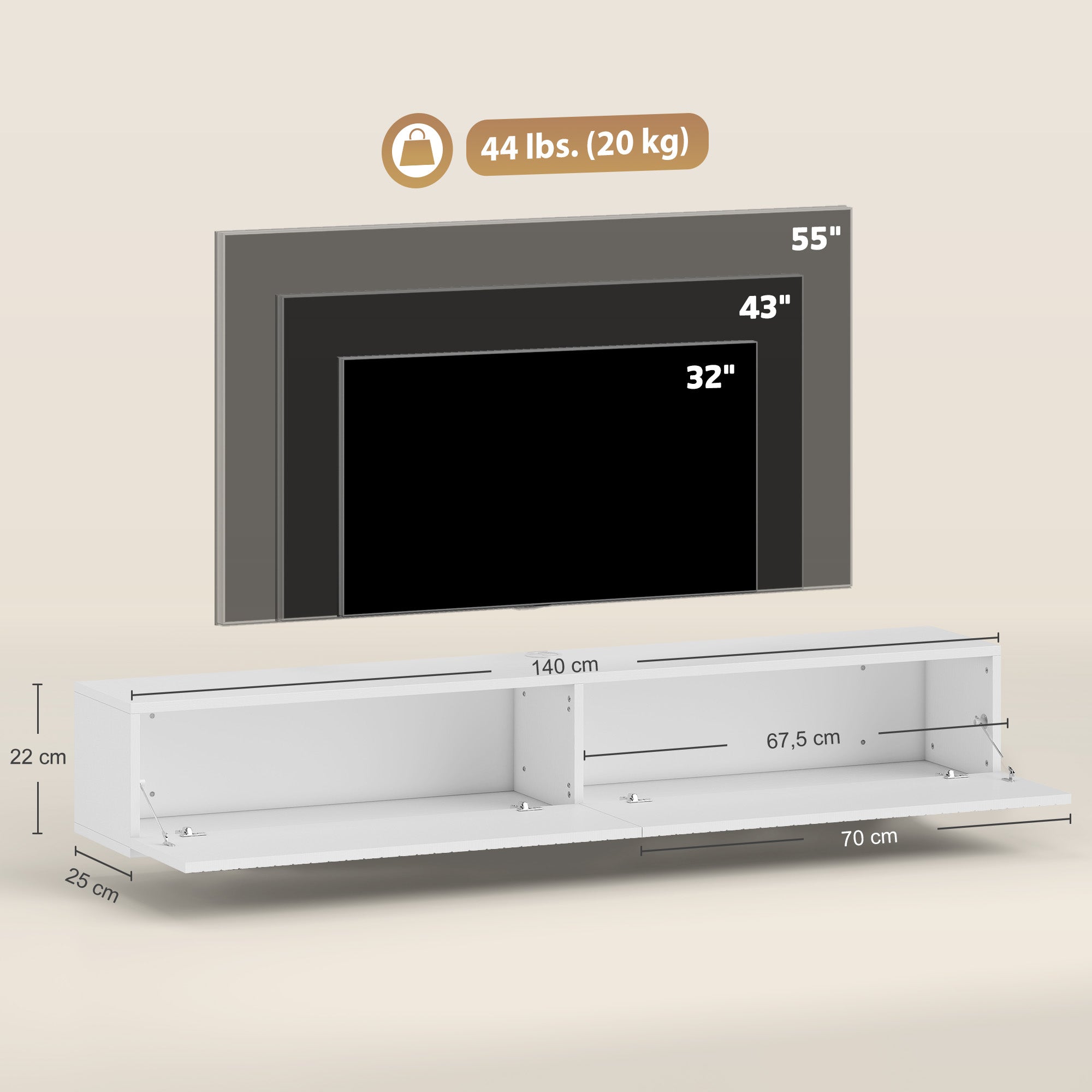 Meuble TV suspendu flottant 140 cm, meuble télé pour téléviseur jusqu'à 72 pouces avec 2 portes cannelées rabattables, banc TV mural pour salon, chambre à coucher, blanc