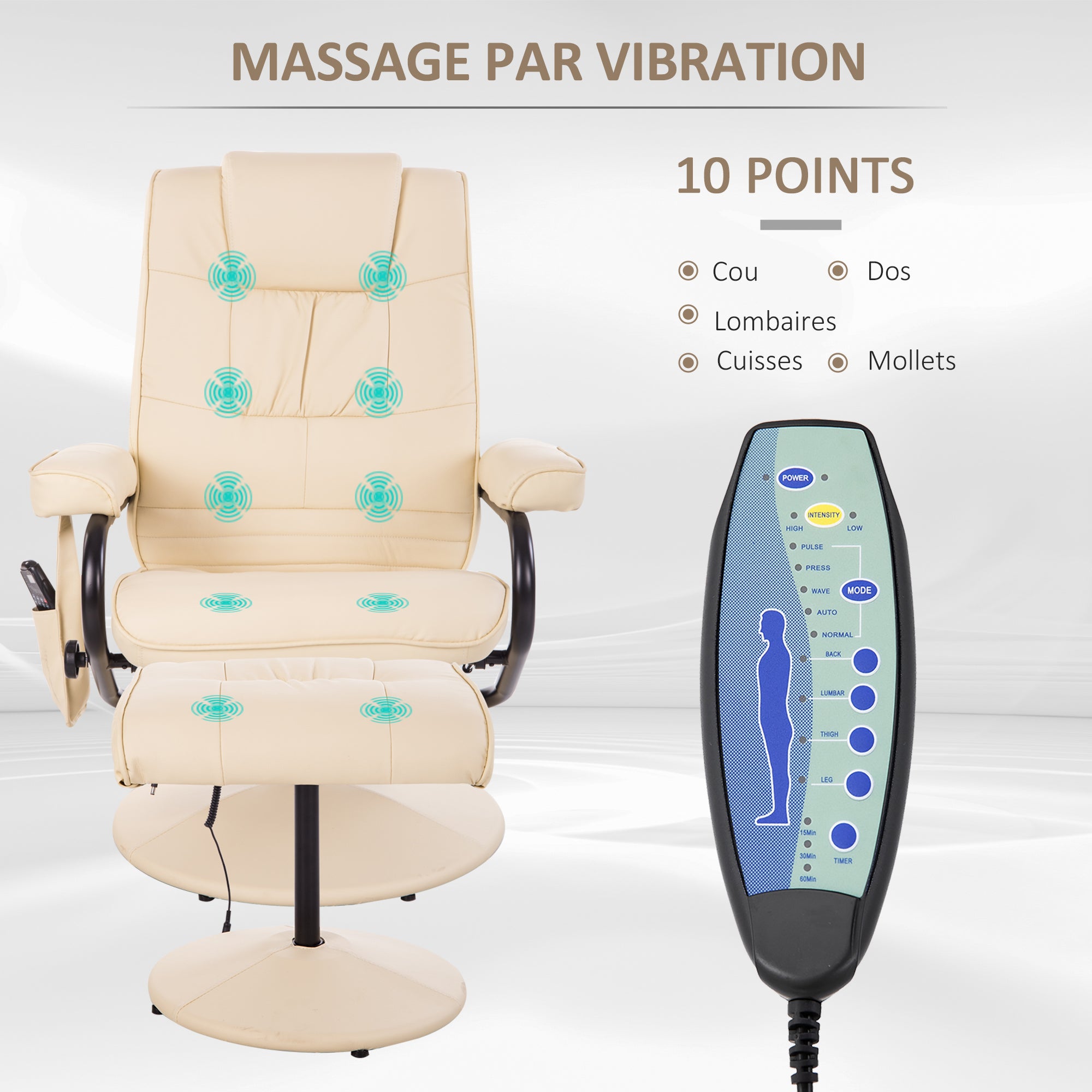 Fauteuil de Massage et Relaxation électrique pivotant inclinable avec Repose-Pied revêtement synthétique Beige