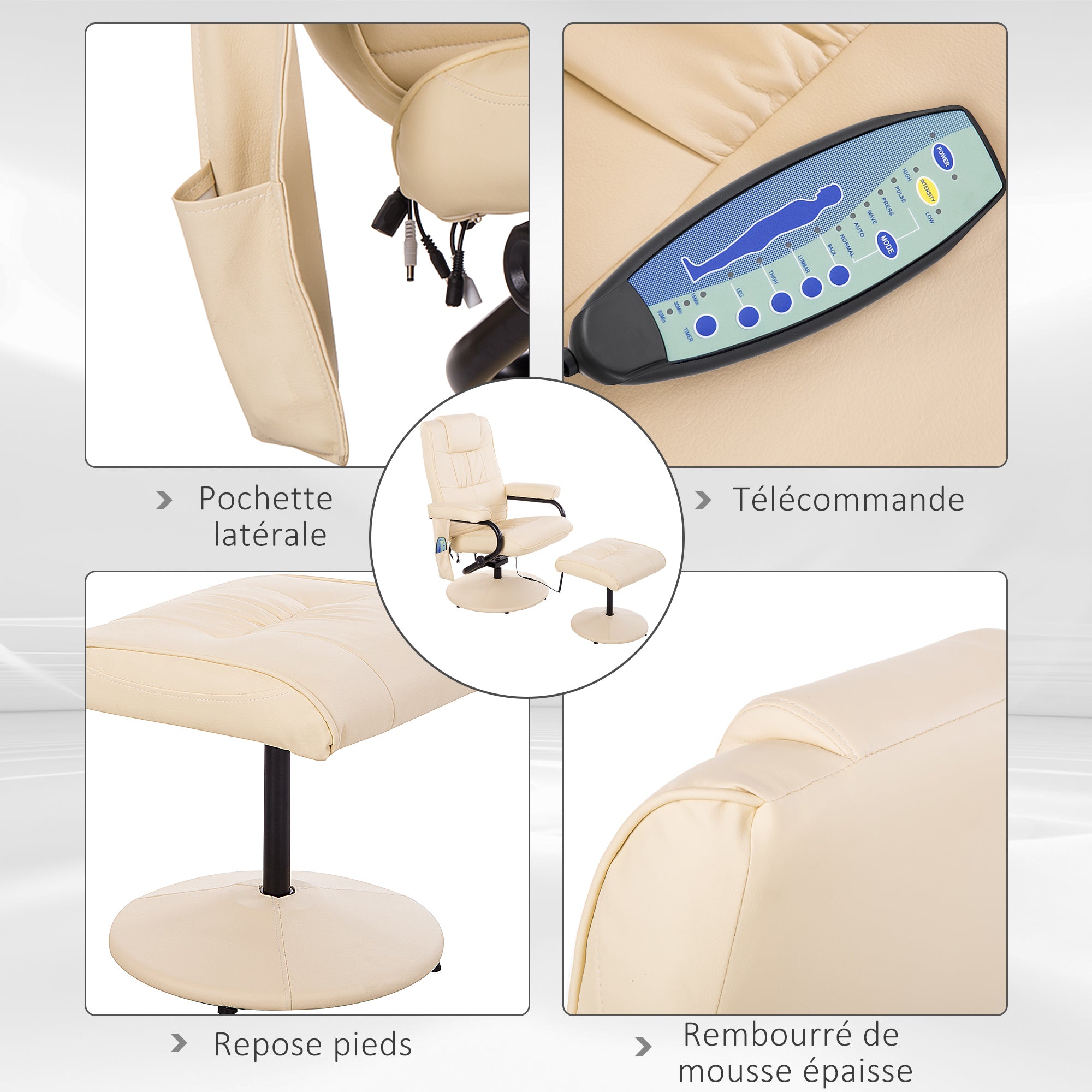 Fauteuil de Massage et Relaxation électrique pivotant inclinable avec Repose-Pied revêtement synthétique Beige