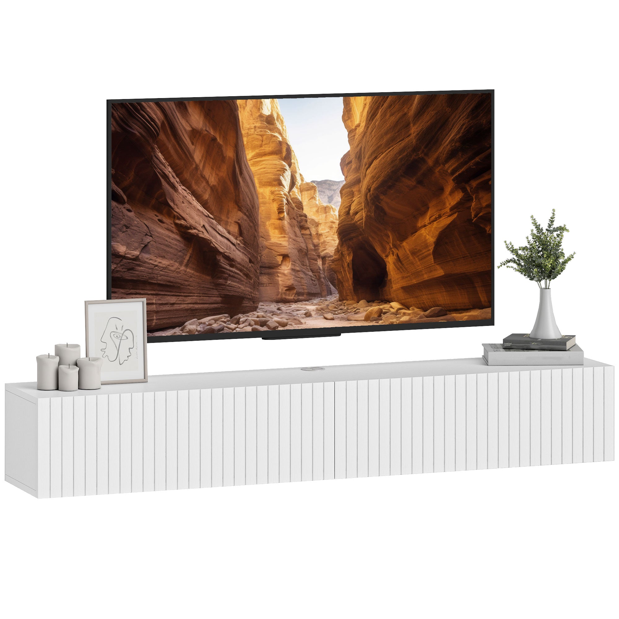 Meuble TV suspendu flottant 140 cm, meuble télé pour téléviseur jusqu'à 72 pouces avec 2 portes cannelées rabattables, banc TV mural pour salon, chambre à coucher, blanc