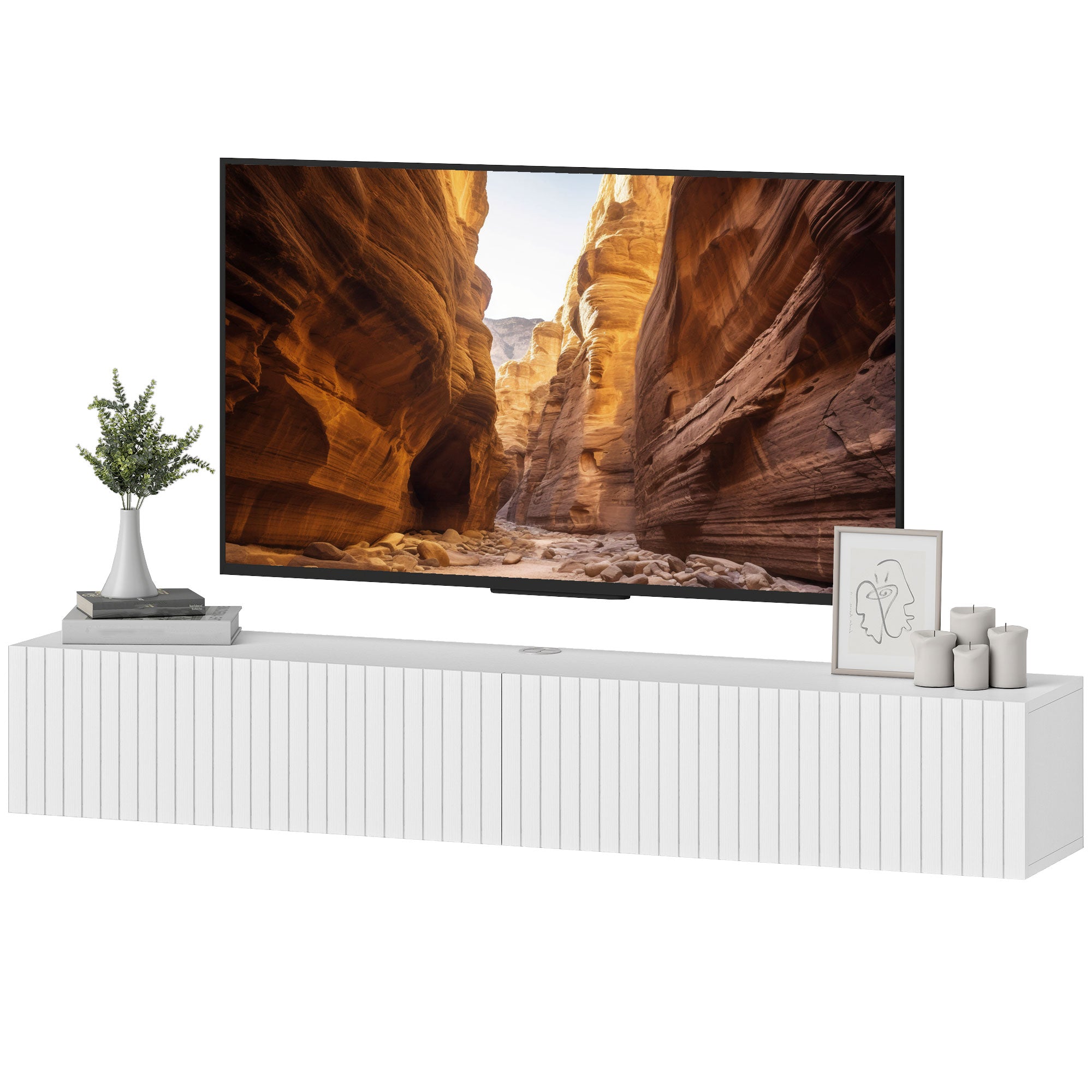 Meuble TV suspendu flottant 140 cm, meuble télé pour téléviseur jusqu'à 72 pouces avec 2 portes cannelées rabattables, banc TV mural pour salon, chambre à coucher, blanc