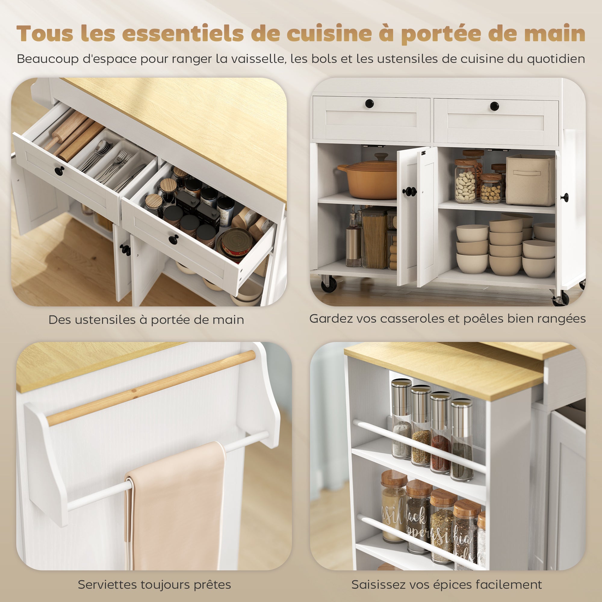 Îlot Central Cuisine avec Plateau Extensible, Desserte de Cuisine sur Roulettes avec 2 Tiroirs, 4 Portes, Porte-Serviettes et Porte-Épices, Style Rustique,127,2-189,2 x 50 x 87,8 cm, Blanc
